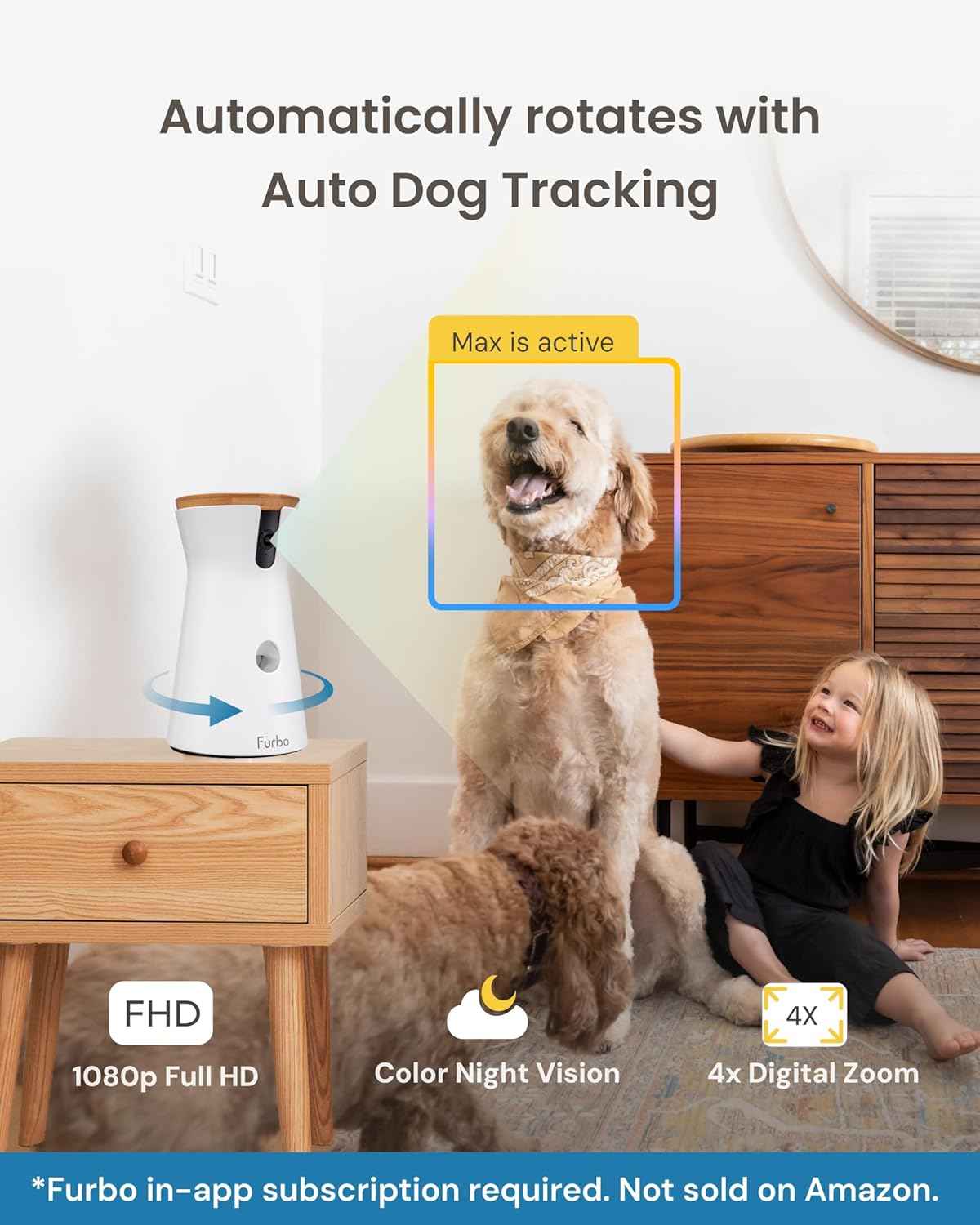 Furbo 360° Dog Camera [Subscription Required] Unlock w/Paid Plan: Home Security & Dog Safety Alerts, Rotating Pet Treat Toss, 2-Way Speaker (Low Risk, 3mo Min. Cancel Anytime)