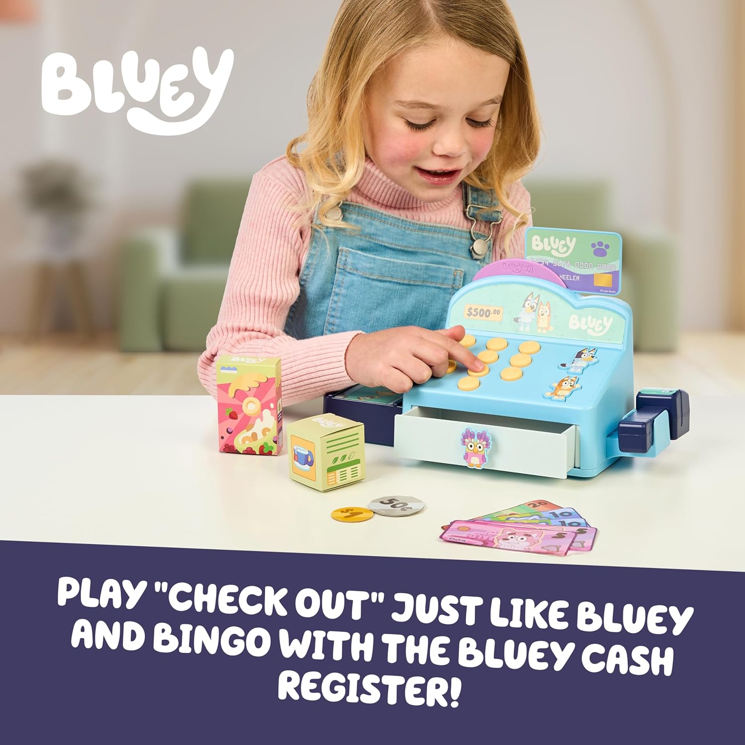 Bluey Cash Register Playset, Interactive Play Register with Scanner | Includes toy credit card, Dollar Bucks, storage drawer, and detachable scanner for grocery store pretend play