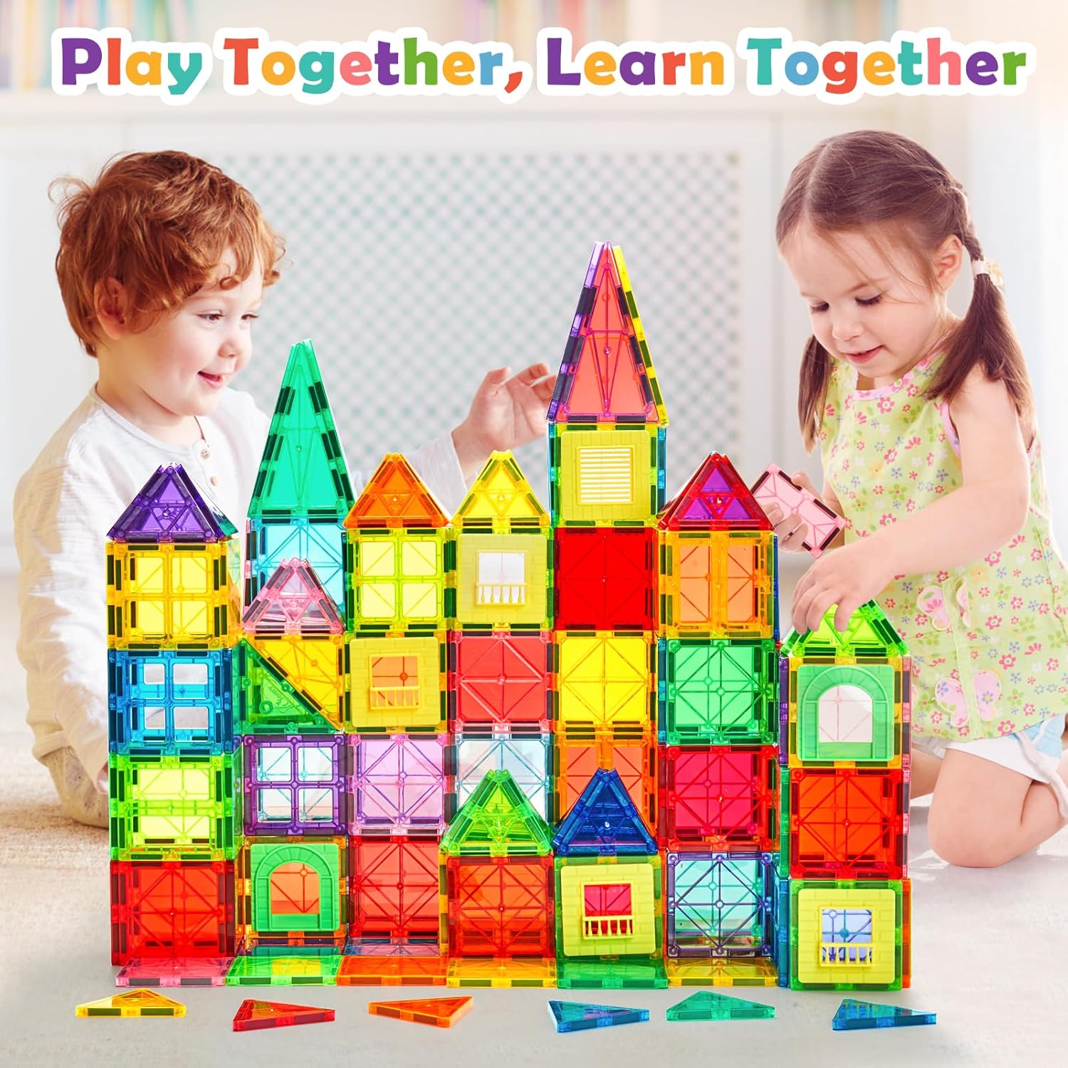 Dopyye Magnetic Building Tiles for Kids, 100 PCS Magnetic Blocks with Storage Bag, Magnet Tiles STEM Educational Stacking Toys Gift for Toddler Ages 3 4 5 6 7 8 9
