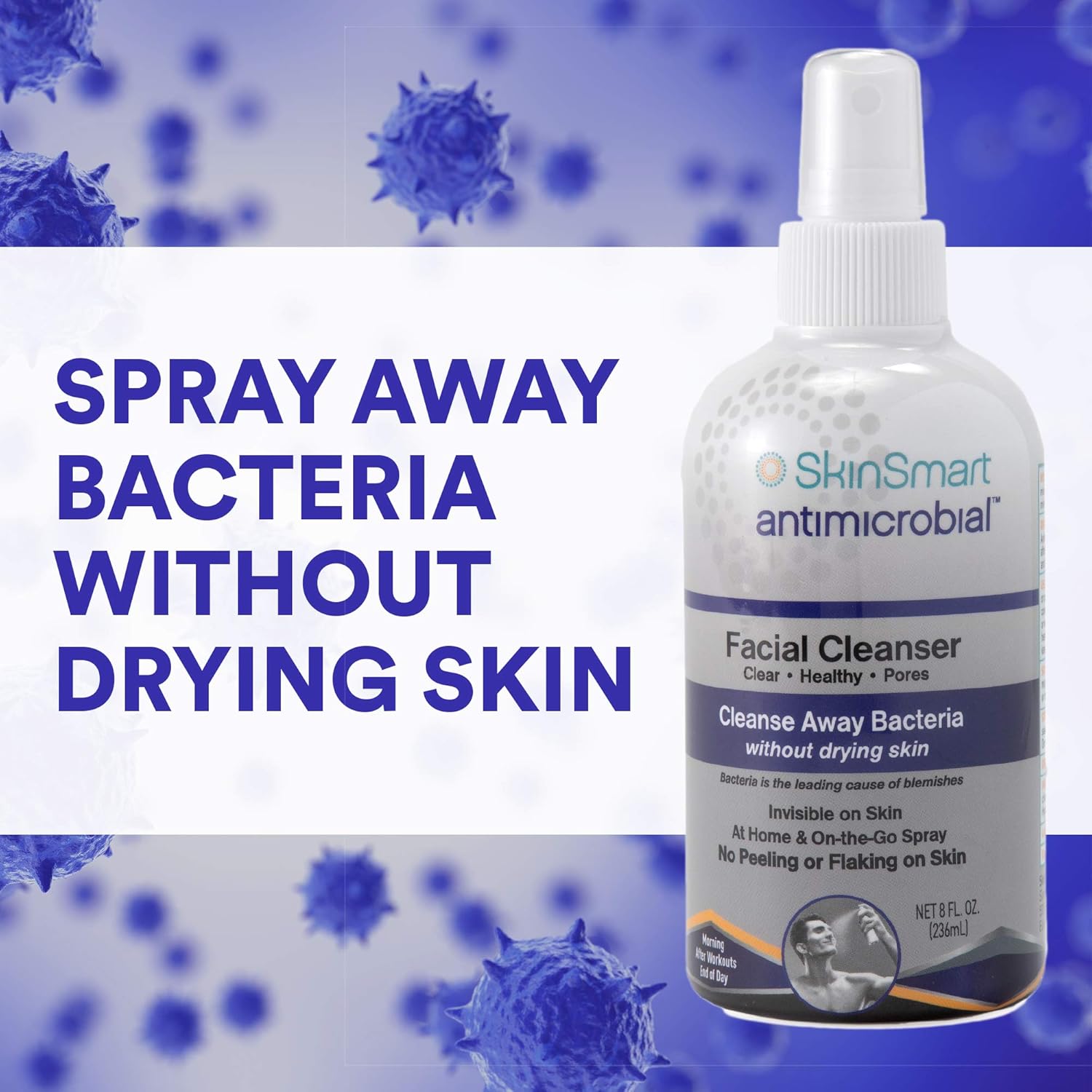 SkinSmart antimicrobial facial cleanser for breakouts and blemishes, with hypochlorous acid formula, 8 oz spray, gentle for all ages and skin types
