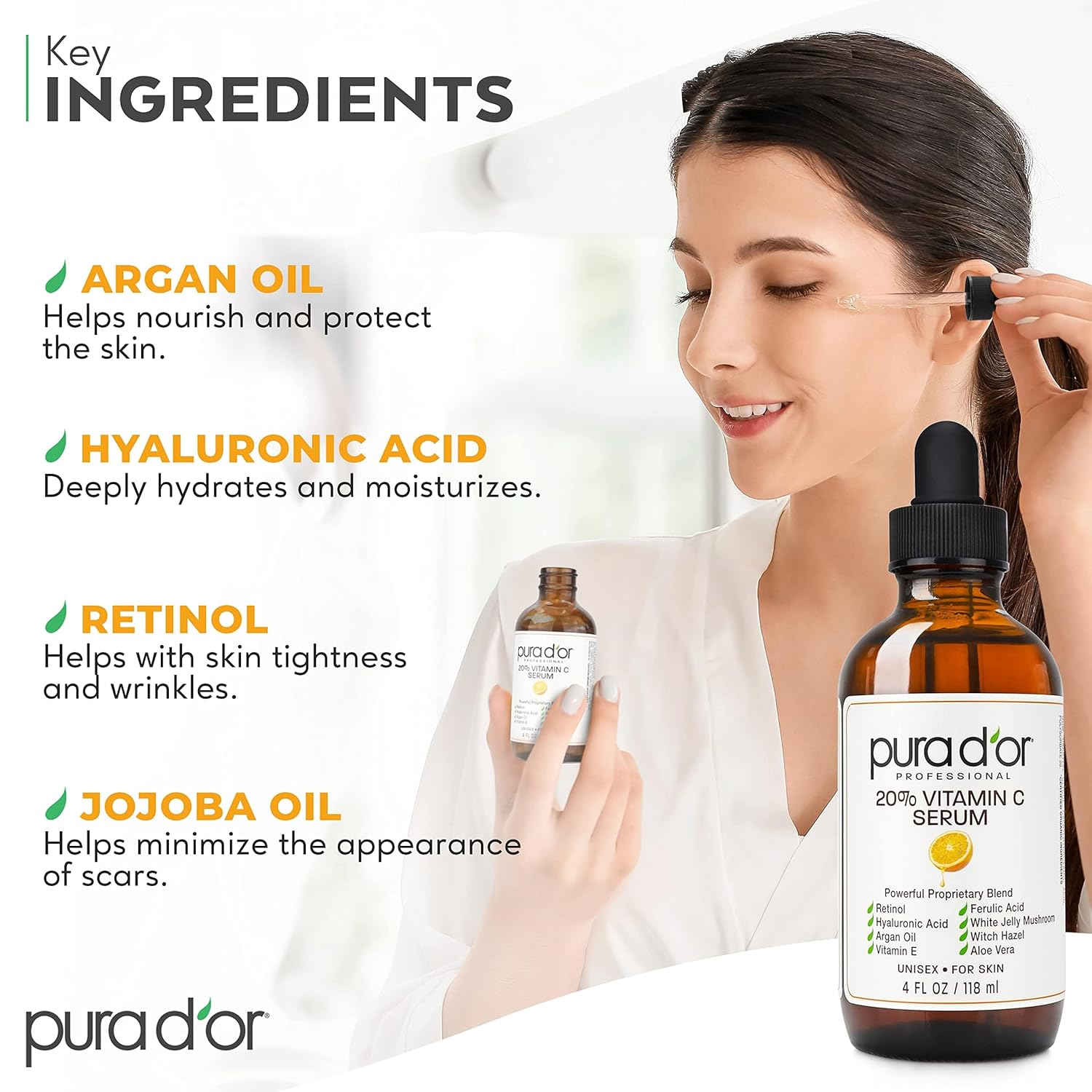 pura d'or 20% vitamin c serum 4 oz - lightweight, retinol, hyaluronic acid, ferulic acid treatment for face & eyes - men & women