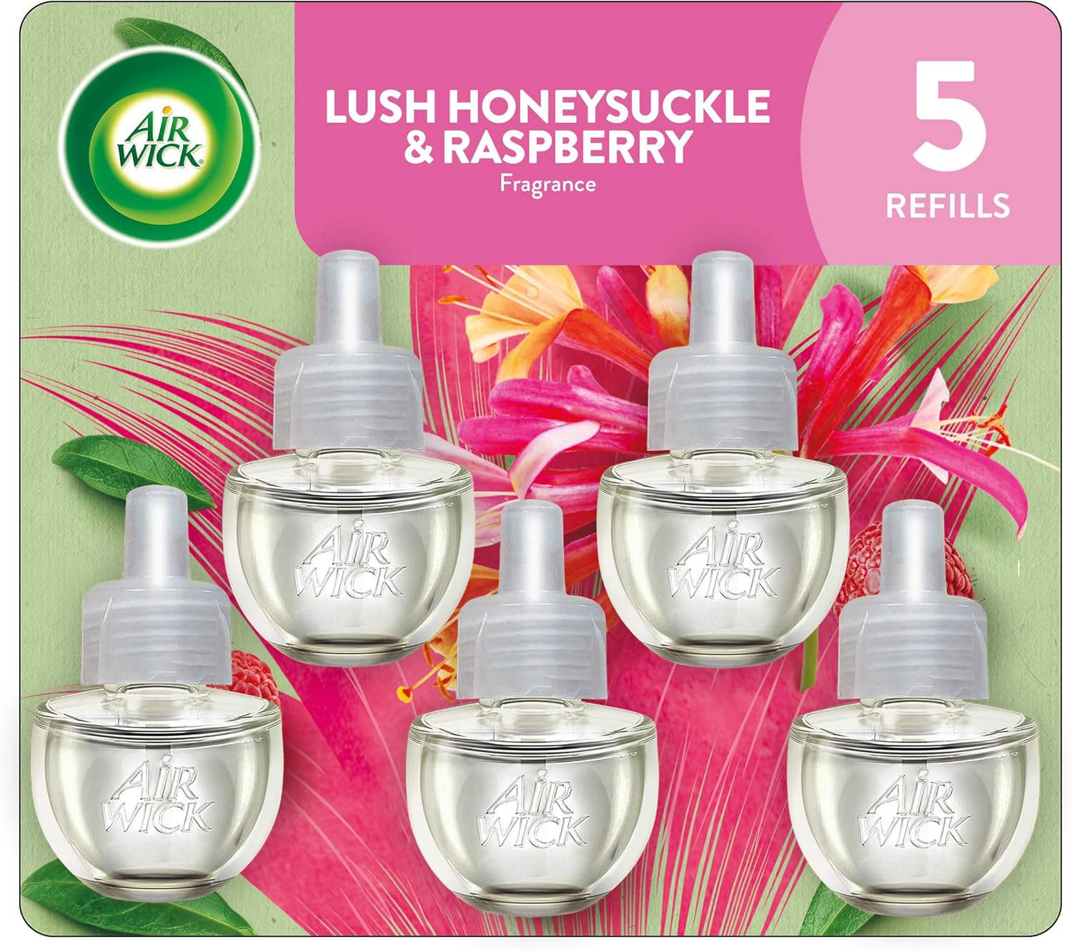 Air Wick plug in scented oil refill, honeysuckle & raspberry, 4 count, essential oils