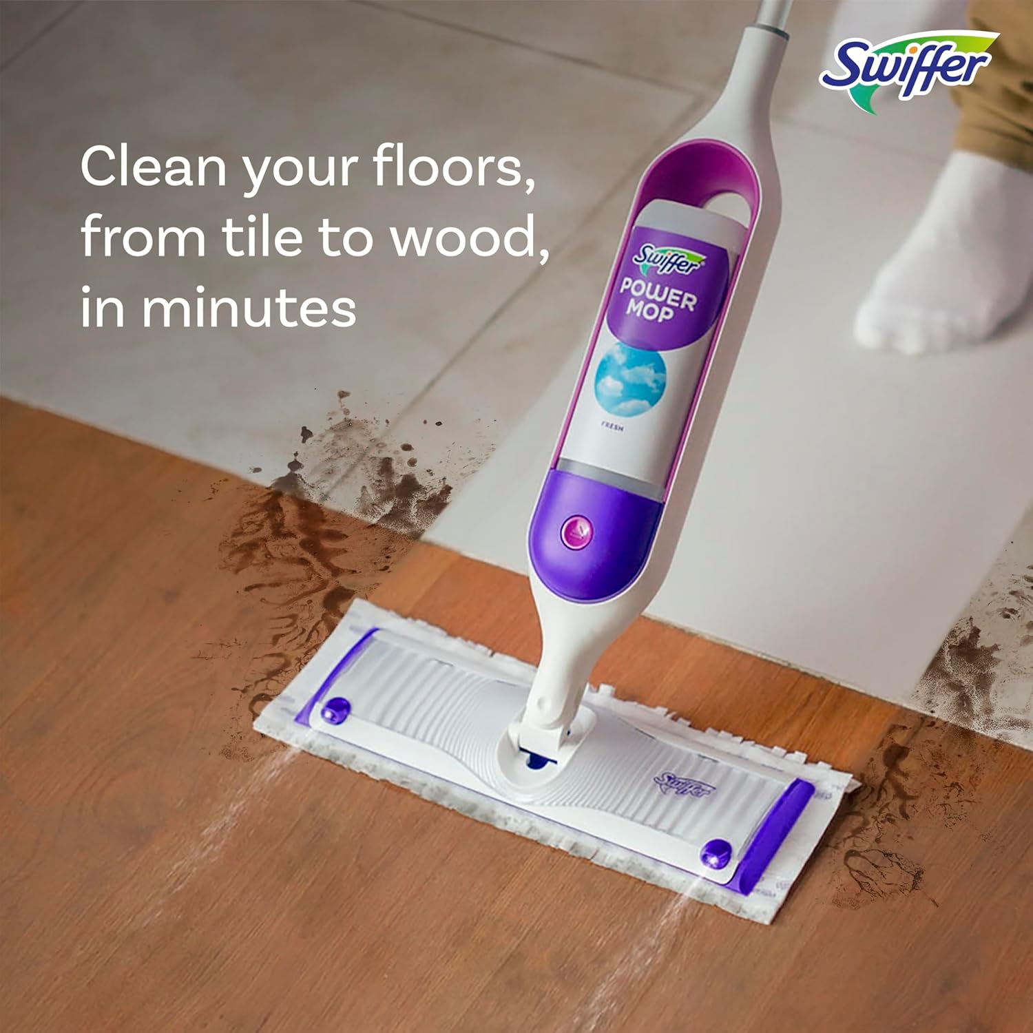 Swiffer PowerMop Multi-Surface Mop Kit for Floor Cleaning, Includes PowerMop, 2 Mopping Pad Refills, 1 Cleaning Solution with Fresh Scent and 2 Batteries - Rayz Mart