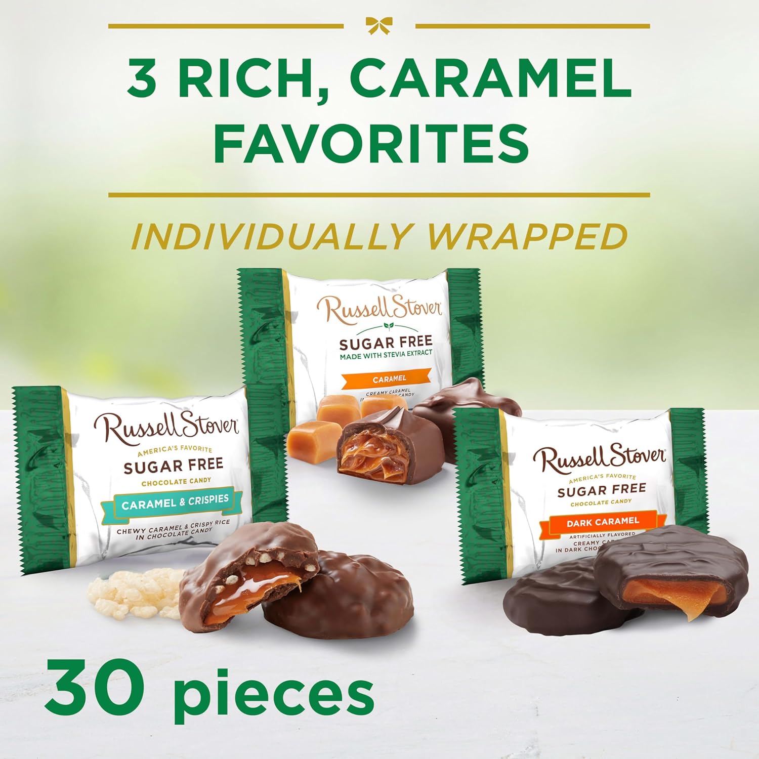 russell stover sugar free assorted caramels in chocolate, 15.3 oz. bag, made with stevia extract, no added sugar