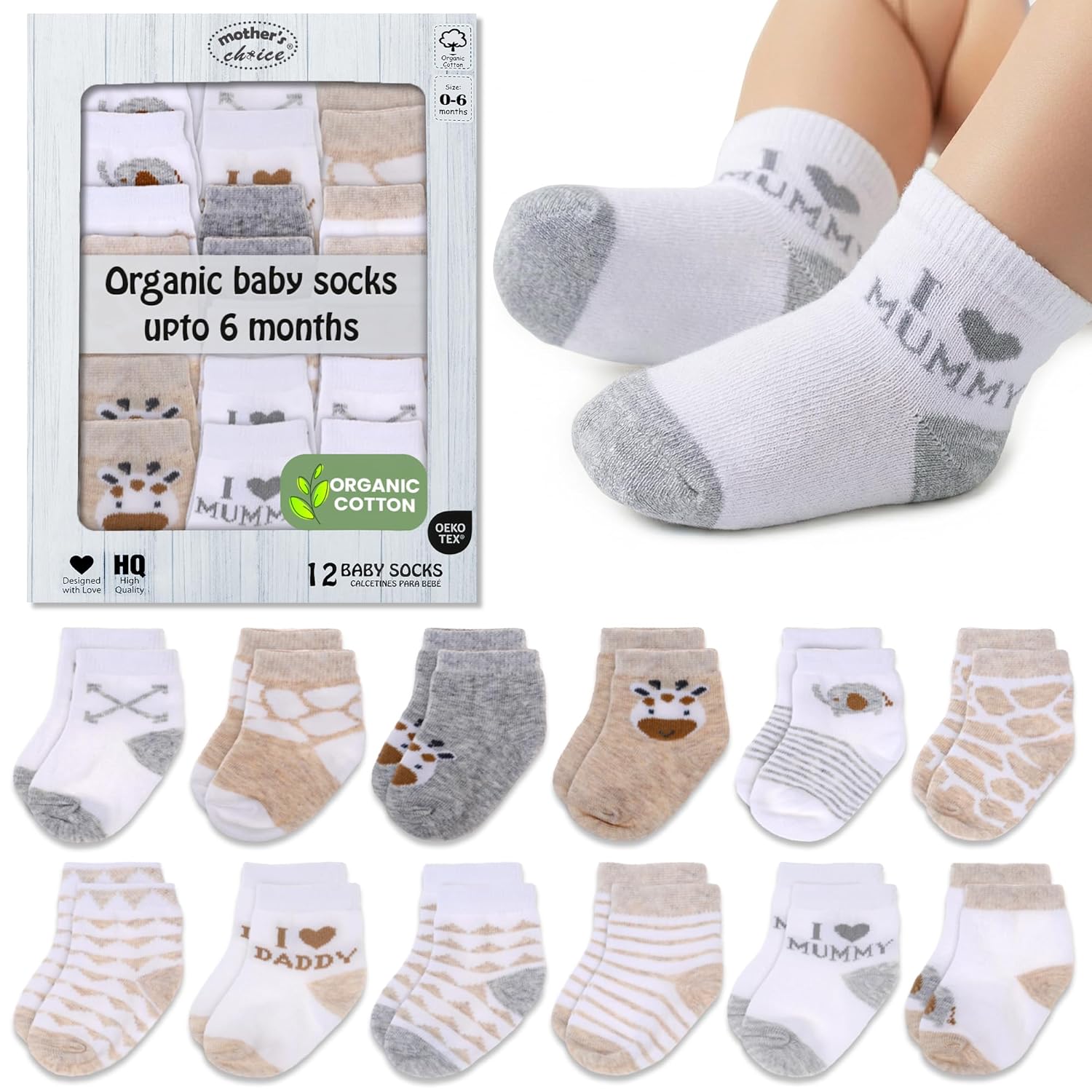 Mother's Choice Organic Cotton Baby Socks 0-6 Months, 12 pairs, Soft, Cozy, and Gentle Socks for Infants Girls and Boys