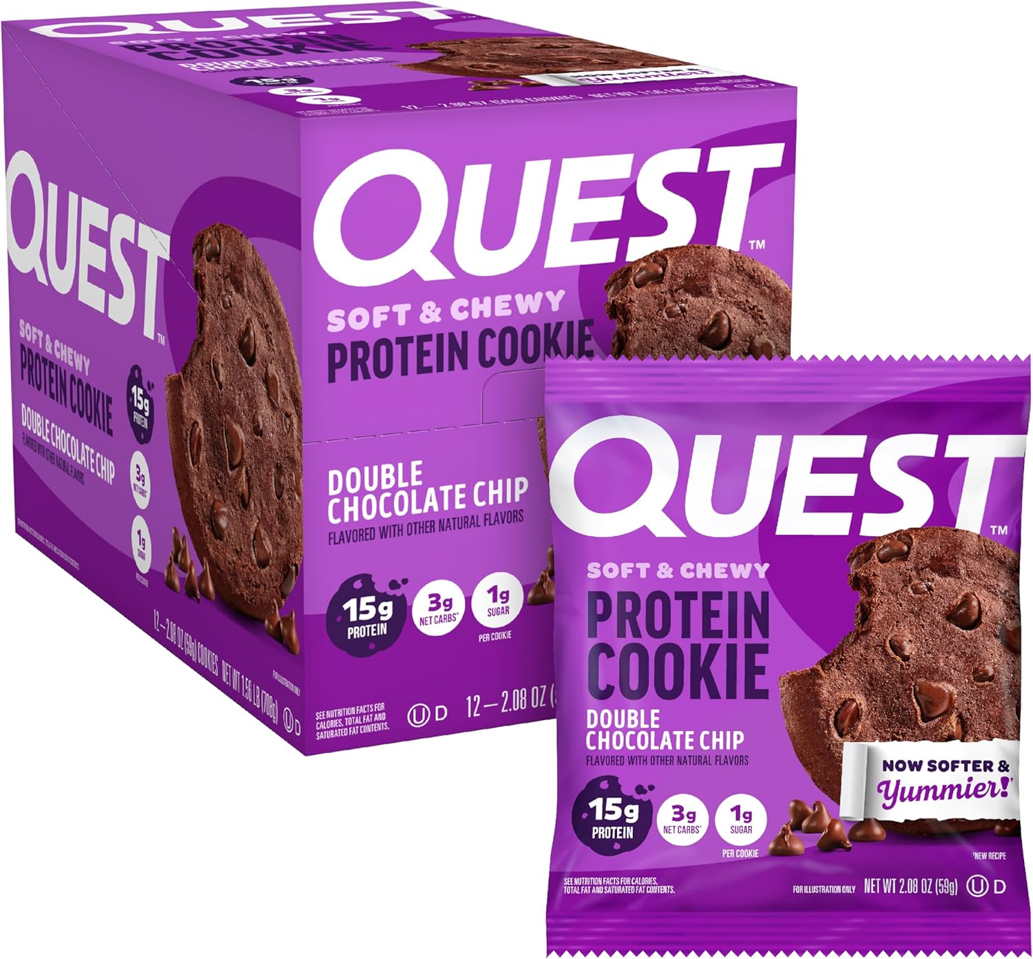 Quest Soft & Chewy Double Chocolate Chip Protein Cookies, 15g Protein, Low Sugar, 12 Count
