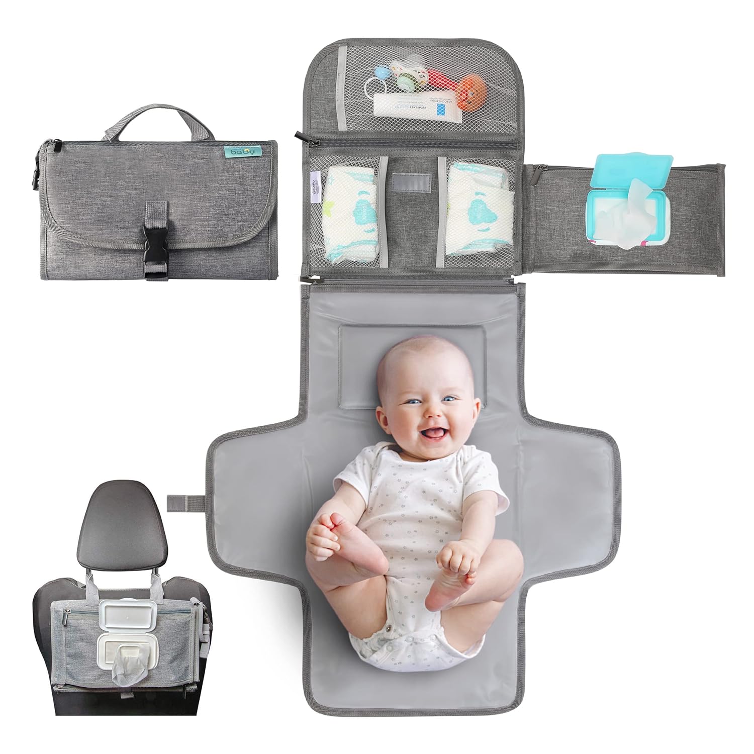 Kopi Baby Portable Diaper Changing Pad - Grey, Classic, 7.35 x 11.5 inches, Foldable, Infant Travel Station Kit, Newborn Gift