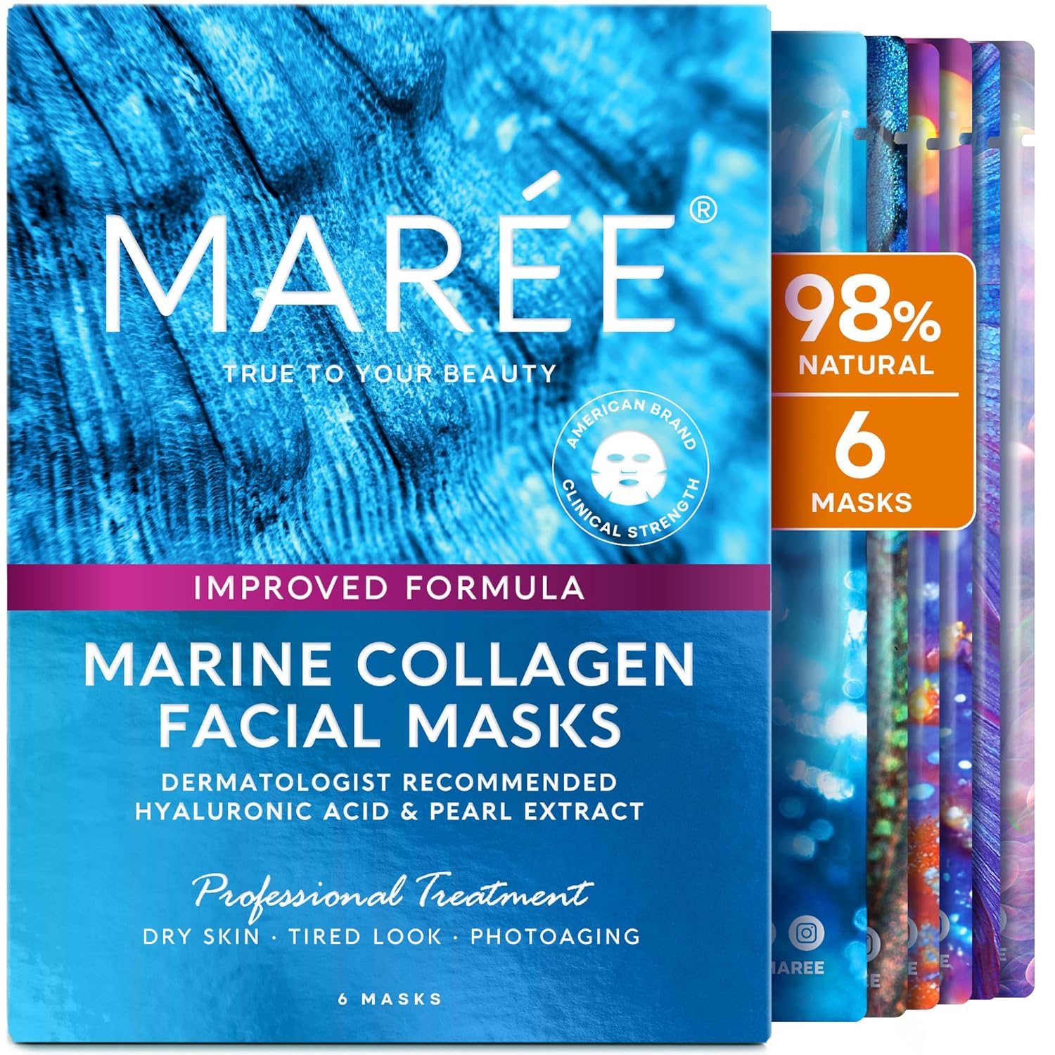 maree collagen facial mask with hyaluronic acid sheet face mask skincare for women 6 count