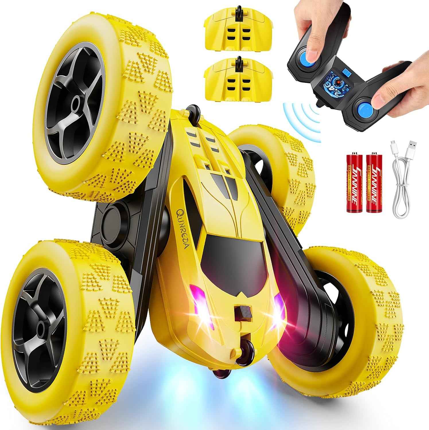 Remote Control Car, RC Cars Toys for Kids Ages 6-12, 4WD Stunt Car with LED Lights & 360° Flips, 2.4GHz, Upgraded USB-C Modular Batteries, 8-10 Year Old Boys Birthday Gift 1-Blue