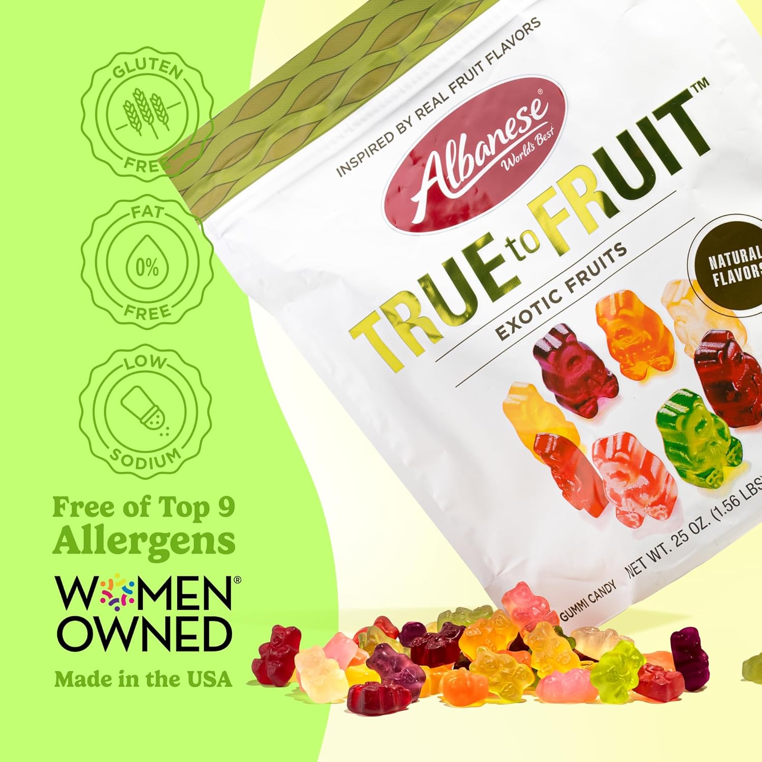 albanese world's best true to fruit exotic fruits, 25oz bag, 8 flavors, soft gummy bears, share size