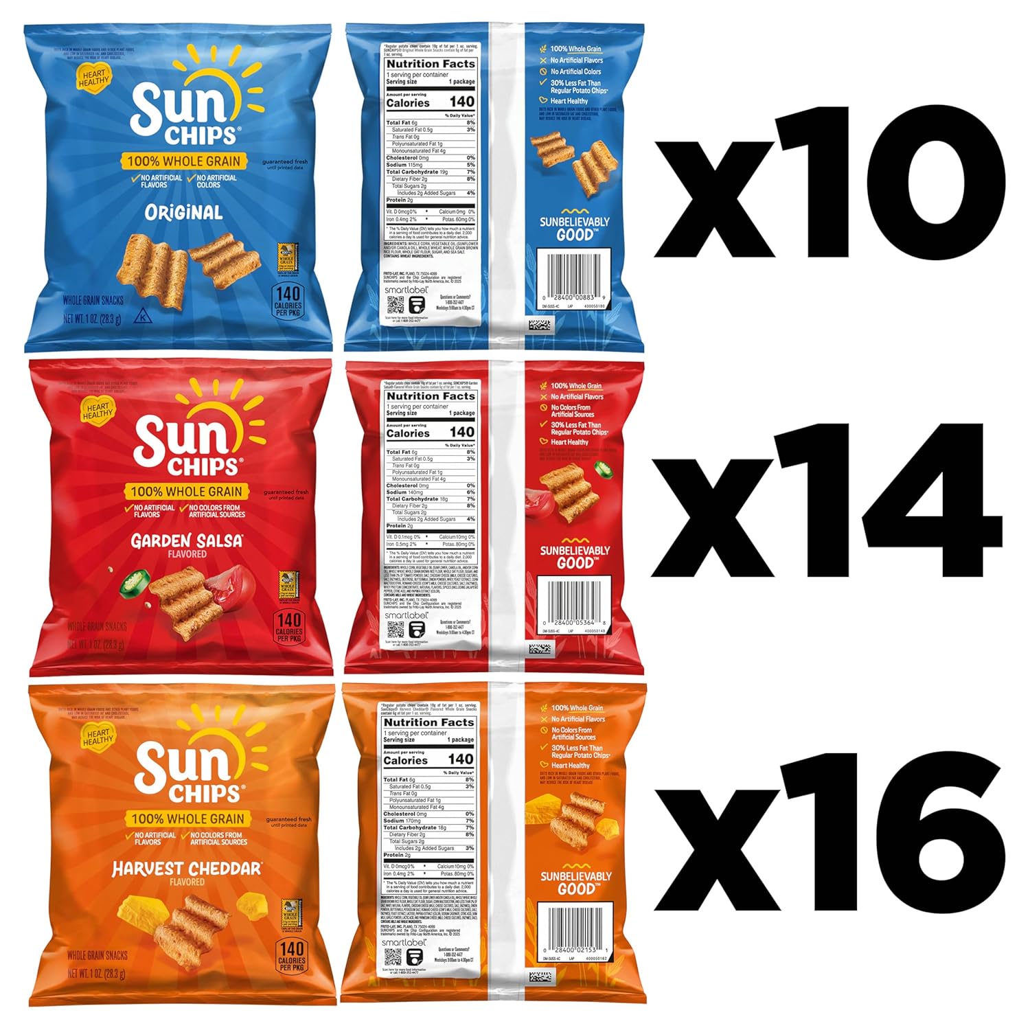 SunChips 100% Whole Grain Chips Variety Pack, 40 1 oz Bags, No Artificial Flavors or Colors