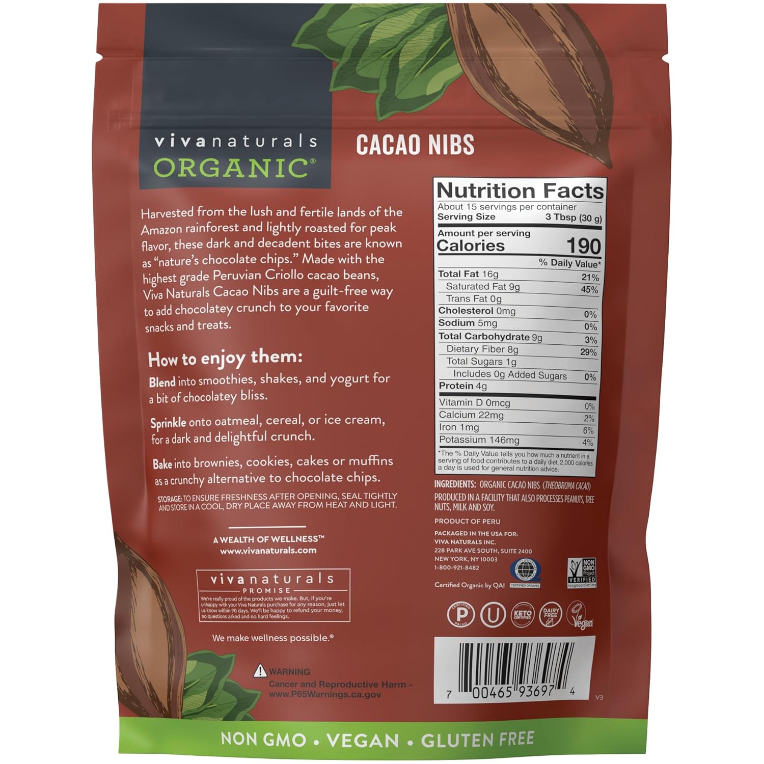 Viva Naturals Organic Cacao Nibs, 1 LB (454 g), Unsweetened, Keto Friendly, Vegan, Non-GMO, Gluten-Free
