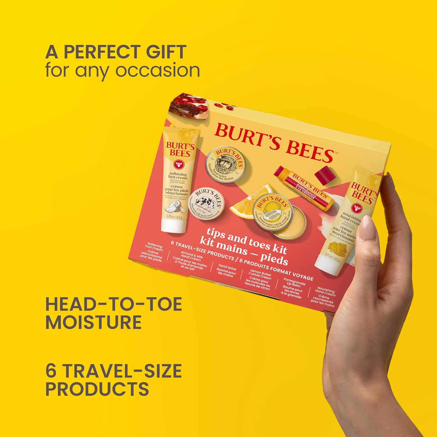 Burt's Bees Tips and Toes Kit, 6 Travel Size Products, Pomegranate Moisturizing, Hydrating, and Nourishing