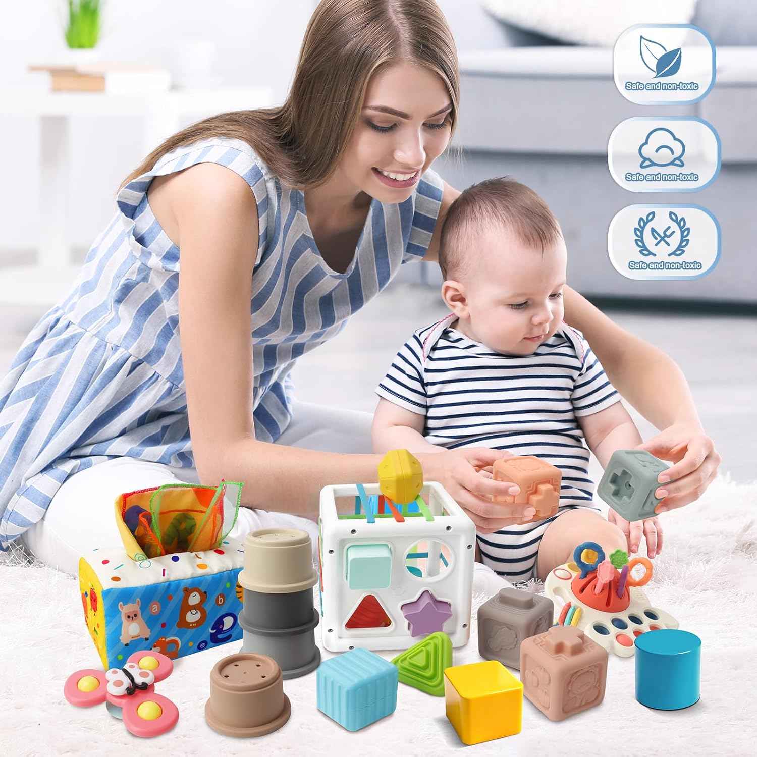 EPOGG 6 in 1 Montessori Toys for Babies 6-12 Months Up - Incl Pull String Toy, Stacking Cups, Tissue Box, Suction Cup Spinner, Stacking Blocks,Activity Cube, Baby Toys for 1 2 3 Year Old