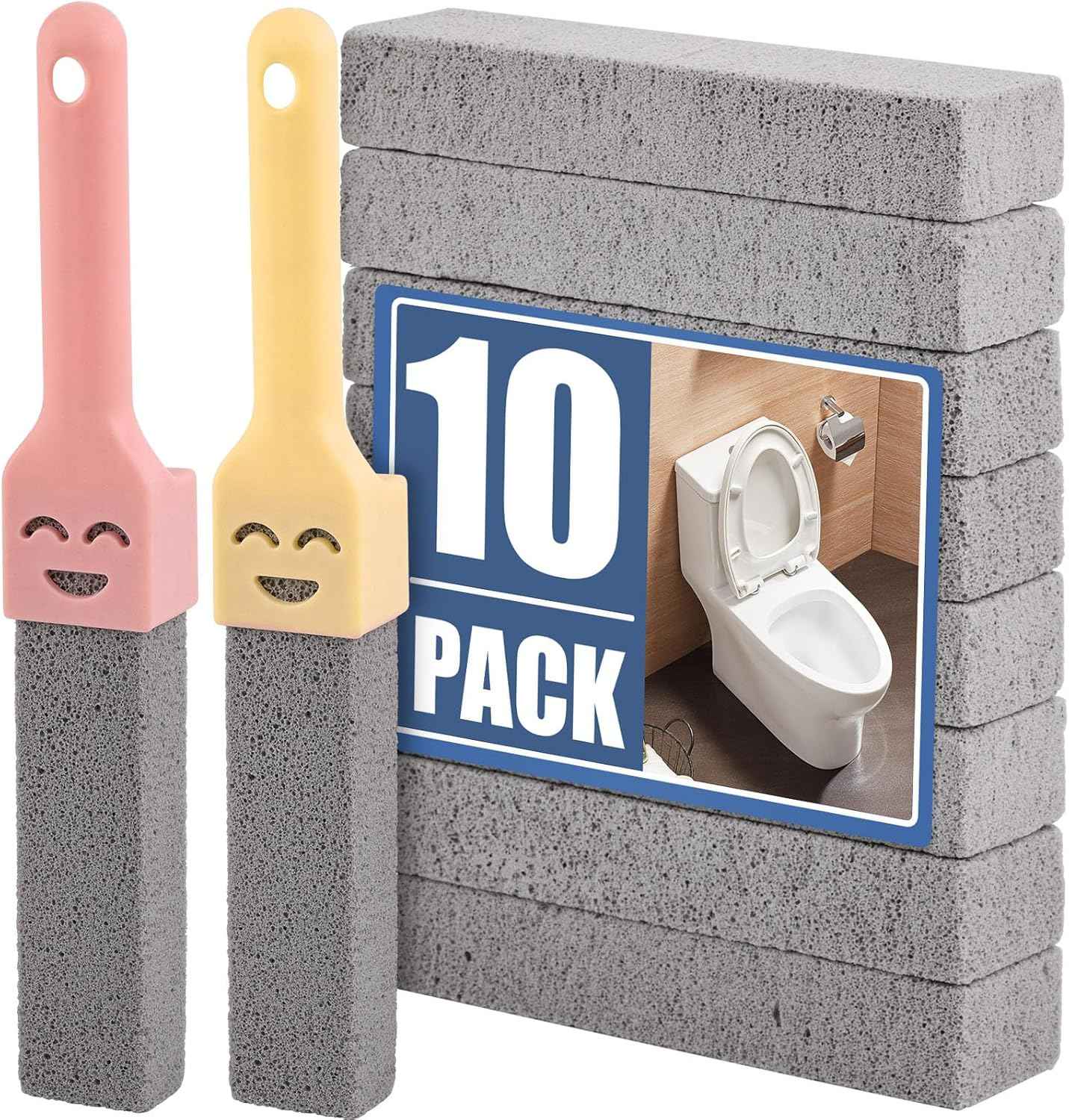 Navona 8 Pack Pumice Stone Scouring Sticks with 2 Universal Handles, Grey Pumice Stone Cleaner for Cleaning Toilets, Bathrooms, Kitchens, Spas and Pools