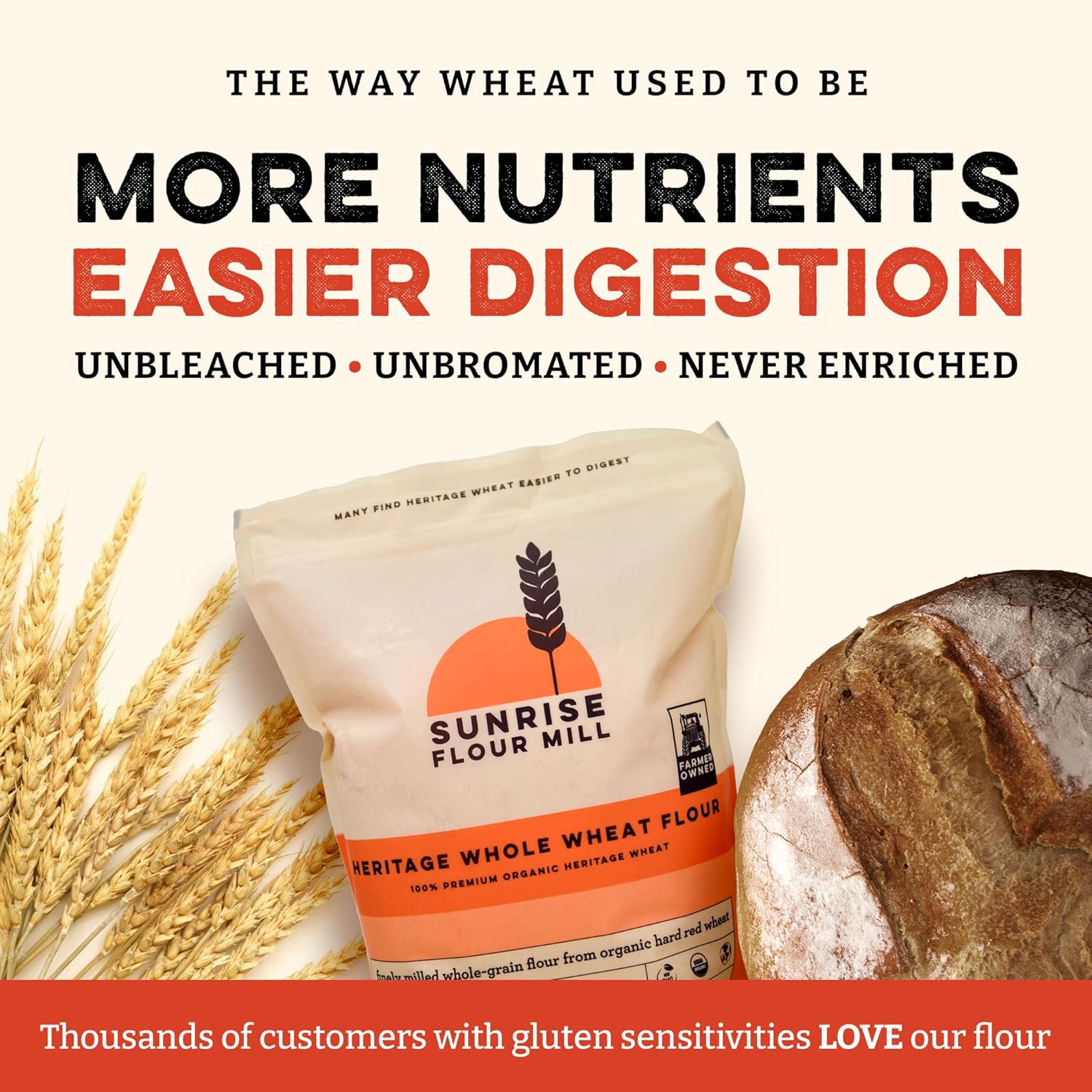 Sunrise Heritage Organic Whole Wheat Flour, 5 lbs, Red Hard Wheat, USDA Organic, No Bleaching, Easy Digestion