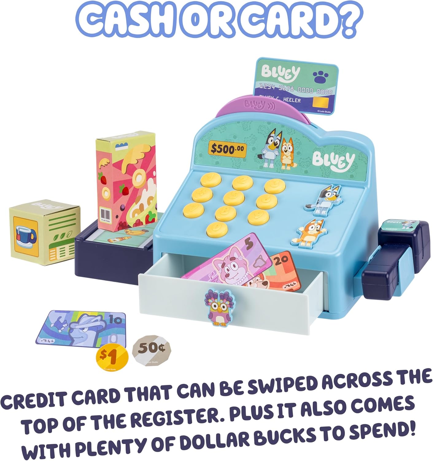 Bluey Cash Register Playset, Interactive Play Register with Scanner | Includes toy credit card, Dollar Bucks, storage drawer, and detachable scanner for grocery store pretend play