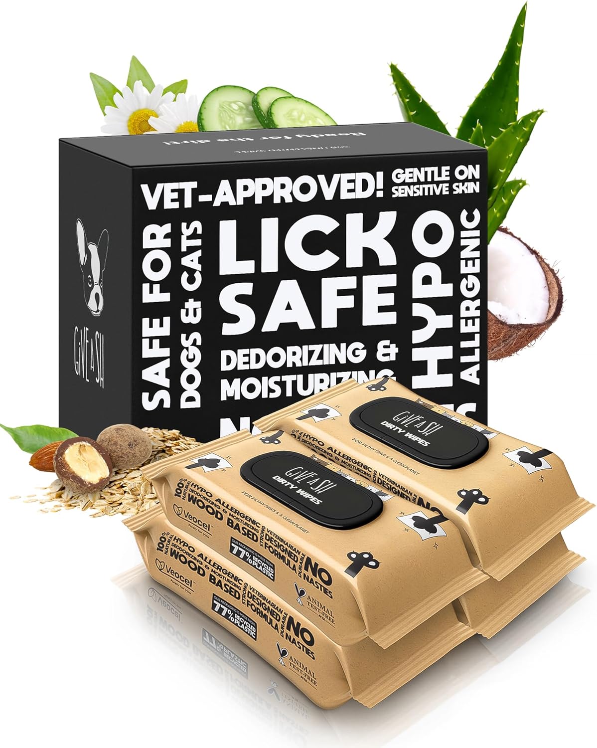Lick-safe daily pet wipes for dogs and cats, vet-approved, hypoallergenic, unscented, earth-friendly, 100-count