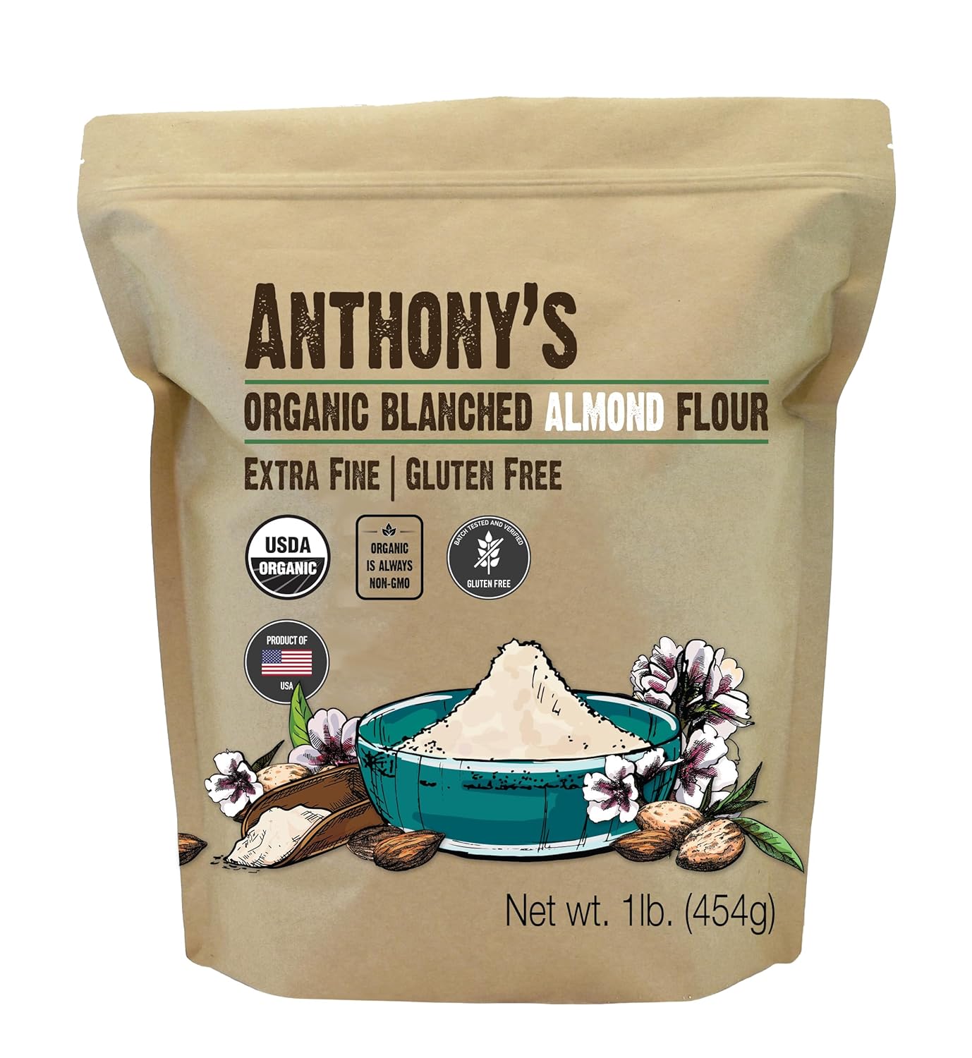 Anthony's organic blanched almond flour, 1 lb, gluten-free, keto friendly, extra fine, low carb.