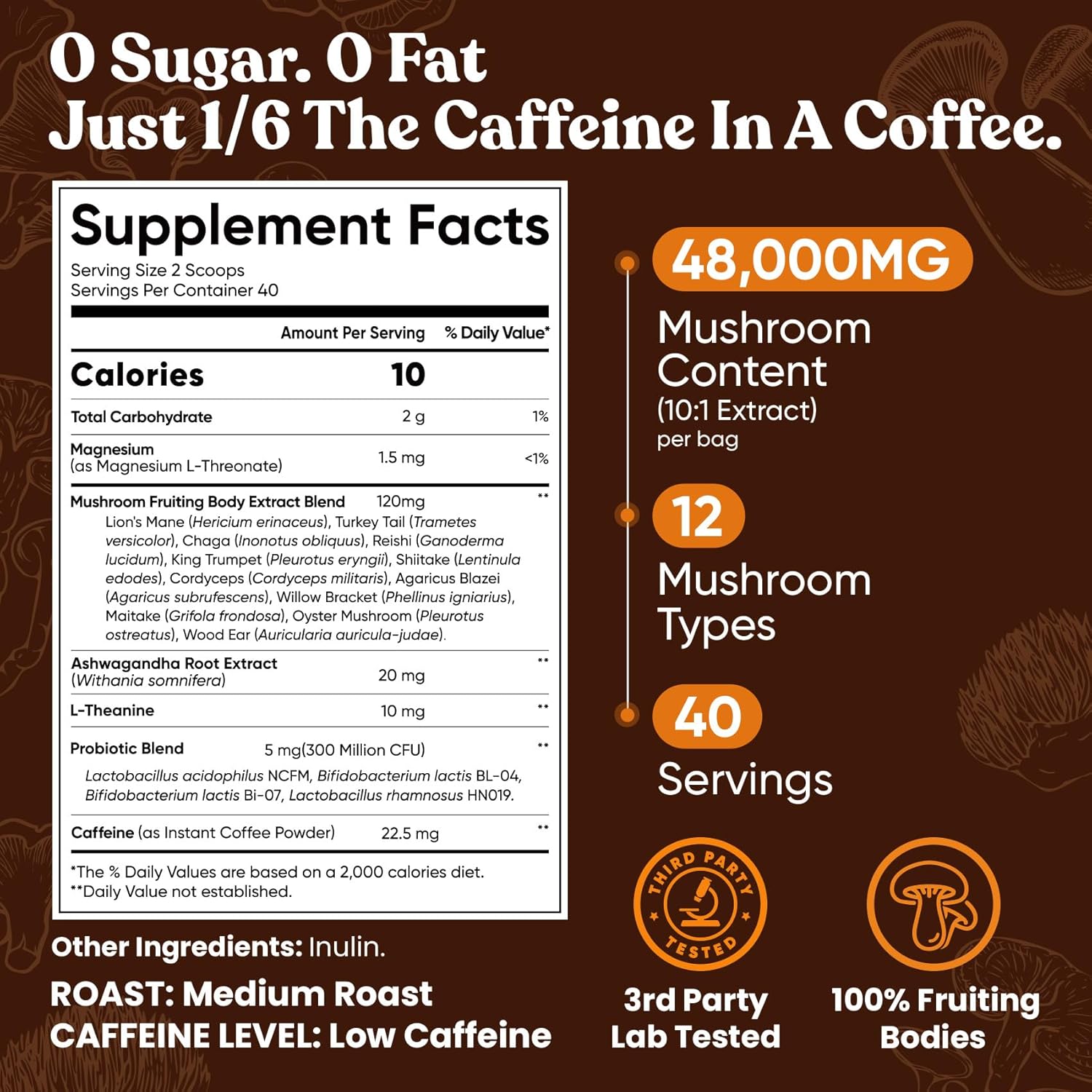 venture pal 48000mg lion's mane mushroom coffee with 12 adaptogenic mushrooms, 40 servings, instant coffee