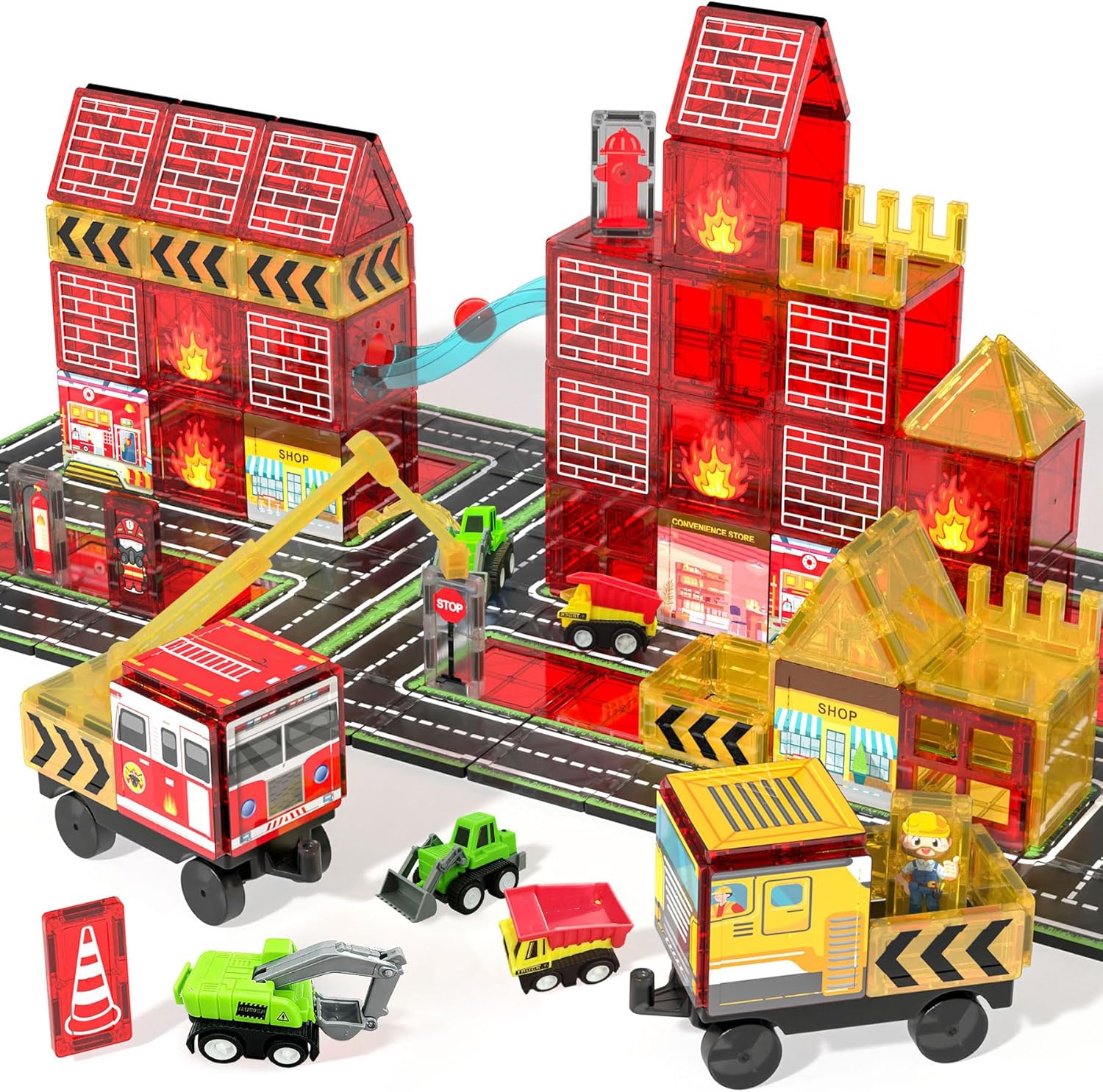 Magnetic Tiles for Kids, 56PCS Construction Magnet Tiles with Fire Truck Station, Building, Road, Crane, Car Truck - STEM Magnetic Blocks for Kids Ages 4-8, Toys for 4 5 Year Old Boys Birthday Gifts