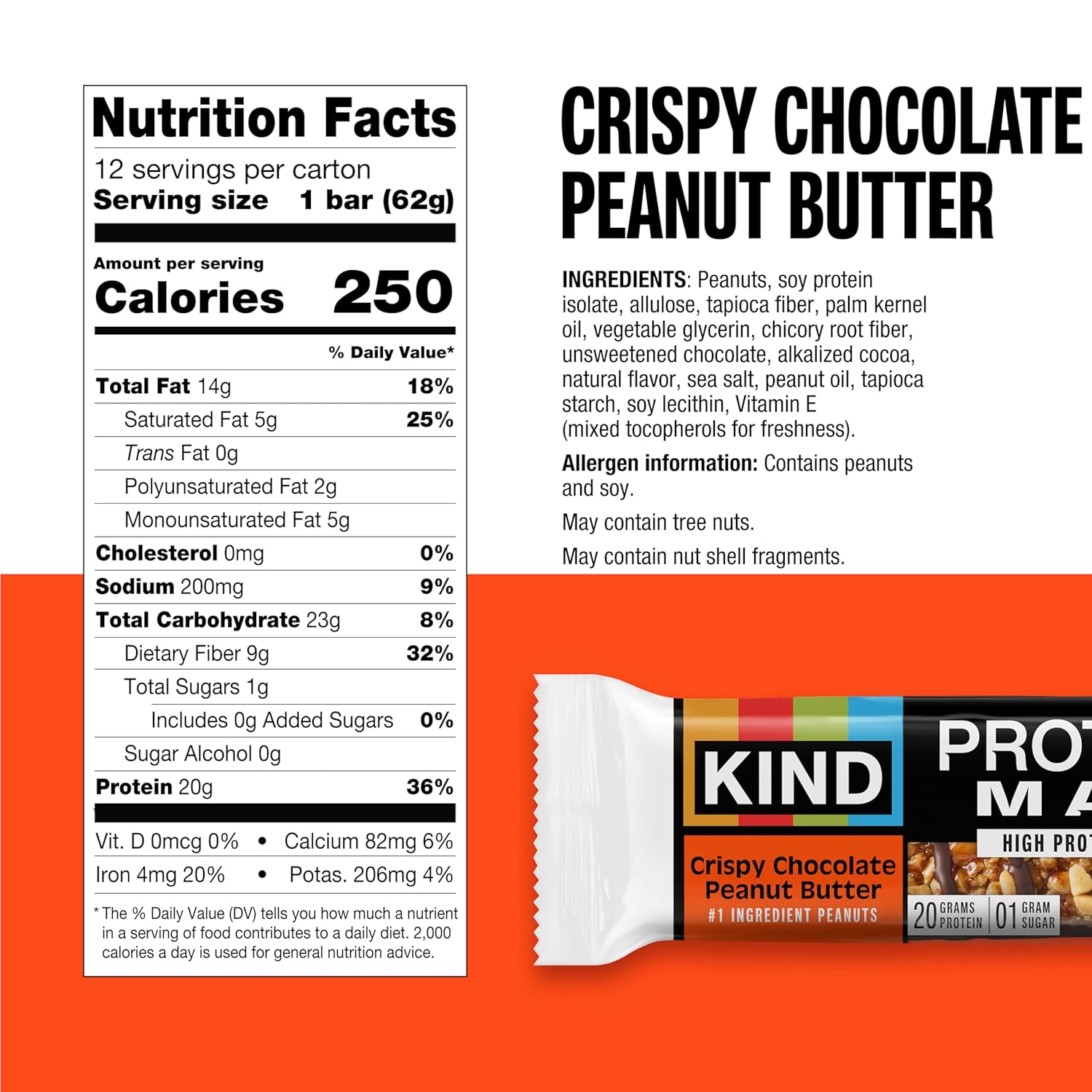 kind protein max crispy chocolate peanut butter snack bars, 20g protein, keto friendly, 12 count box