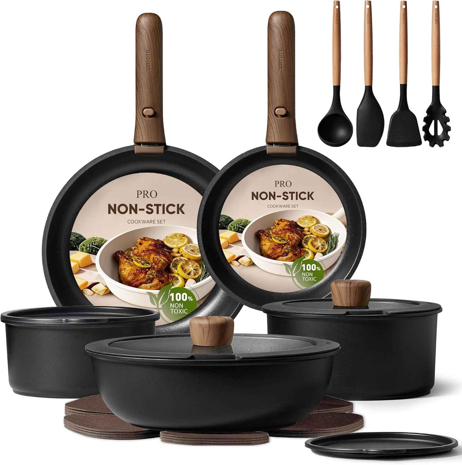 CAROTE 19pcs Pots and Pans Non Stick, Cookware Sets Detachable Handle, Induction Kitchen Pots and Pans,NonStick Cooking Set, Oven/Dishwasher/Fridge Safe, Space Saving