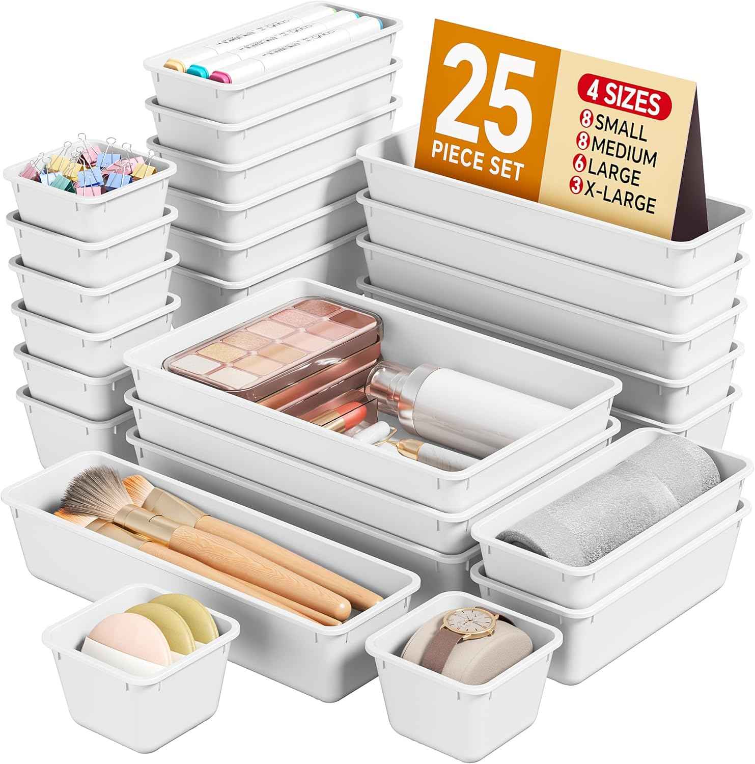 25 PCS Plastic Drawer Organizers Set, 4 Sizes Vanity Organizer, Makeup and Desk Drawer Organizer Trays, Organization and Storage for Makeup, Bathroom, Kitchen Utensils and Office (Black)