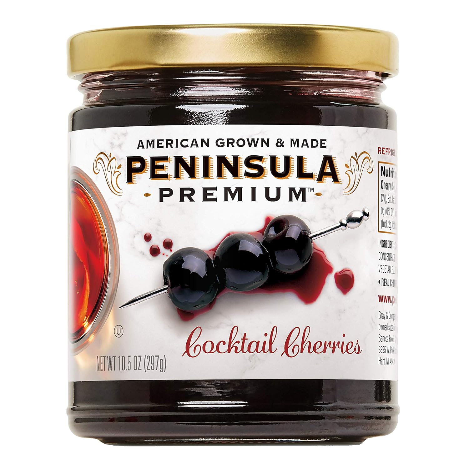 peninsula premium cocktail cherries deep burgundy-red silky smooth rich syrup gourmet american grown made 10.5 ounce