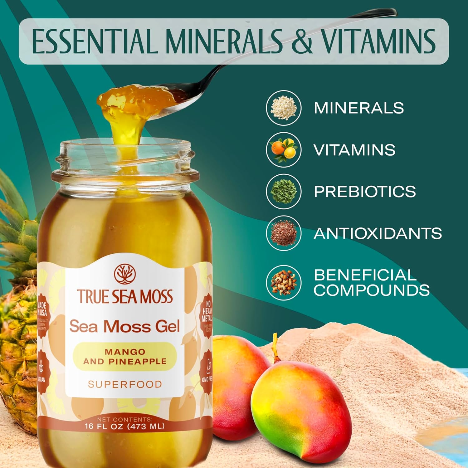 TrueSeaMoss USA-made Sea Moss Gel - Mango/Pineapple, 1 Pack - Wildcrafted Seamoss, Fruits, and Jarred Vegetables