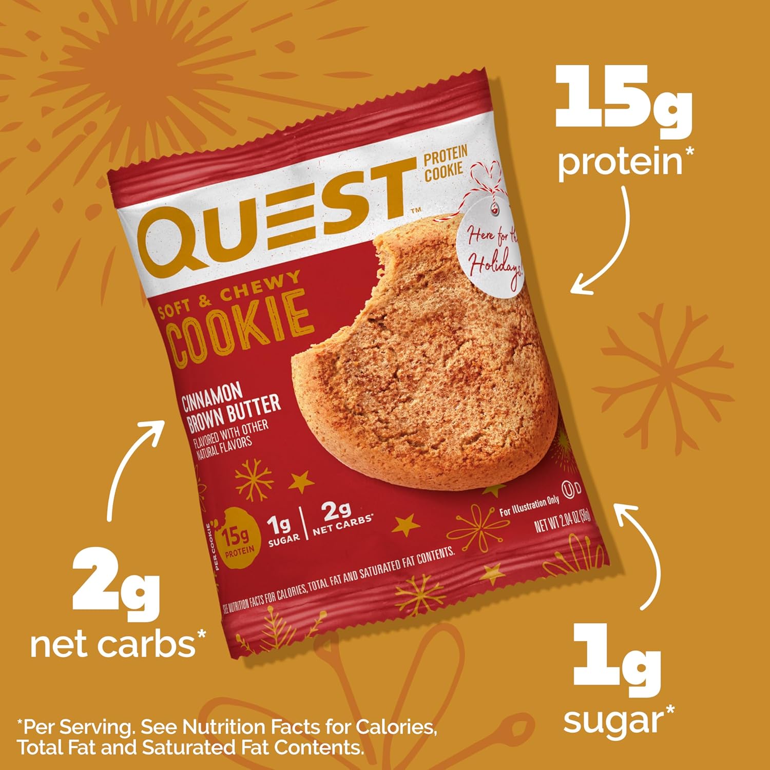 Quest Nutrition Cinnamon Brown Butter Protein Cookies, 15g Protein, 1g Sugar, 2g Net Carbs, Keto Friendly, 12 Count
