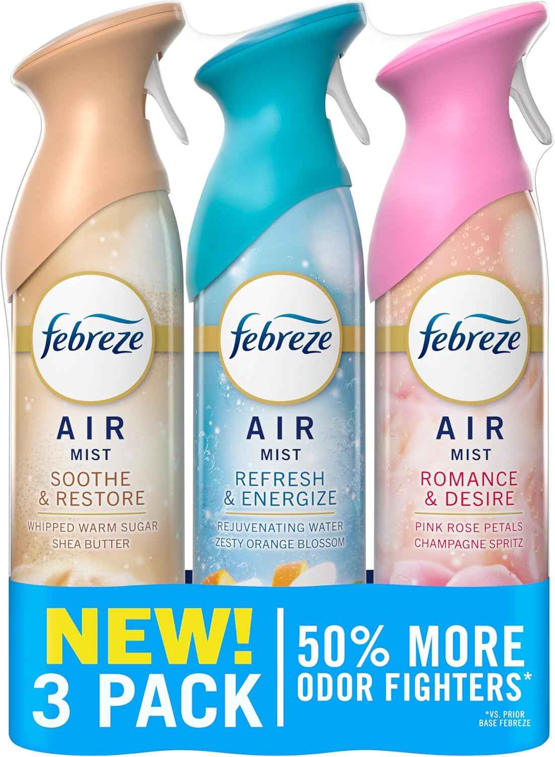 Febreze Air Mist Air Freshener Spray, Odor-Fighting Room Spray for Home and Bathroom and Kitchen, Aerosol Can, Refresh & Energize, Soothe & Restore, Romance & Desire Scent, 8.8oz, 3 Count