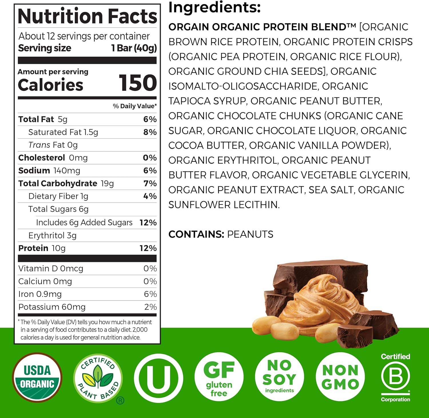 Orgain organic vegan protein bars, 10g plant based protein, peanut butter chocolate chunk, gluten free, non-gmo, 1.41 oz, pack of 12