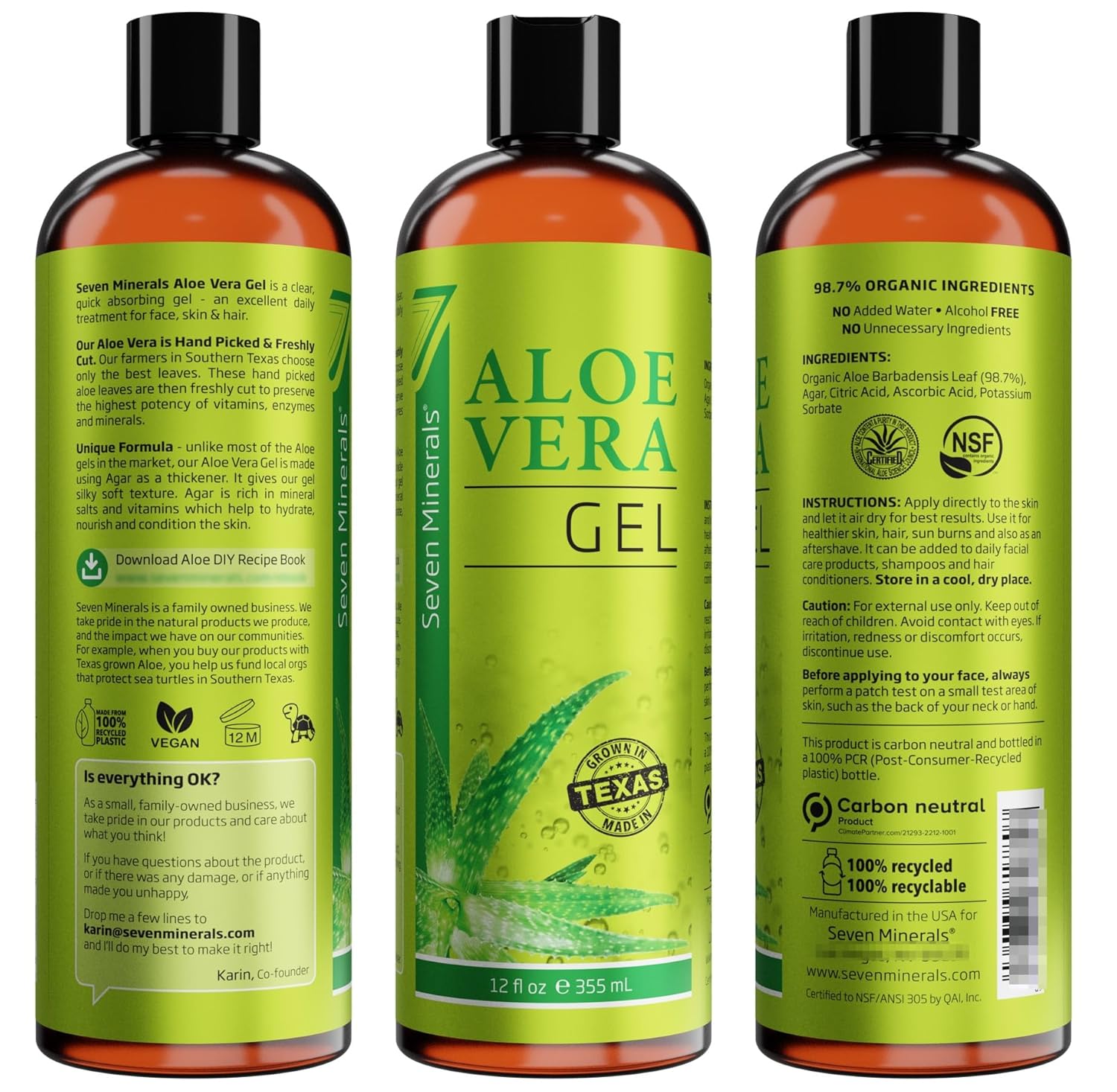 seven minerals organic aloe vera gel - 12oz - texas grown - vegan - unscented - for skin hair sunburn relief