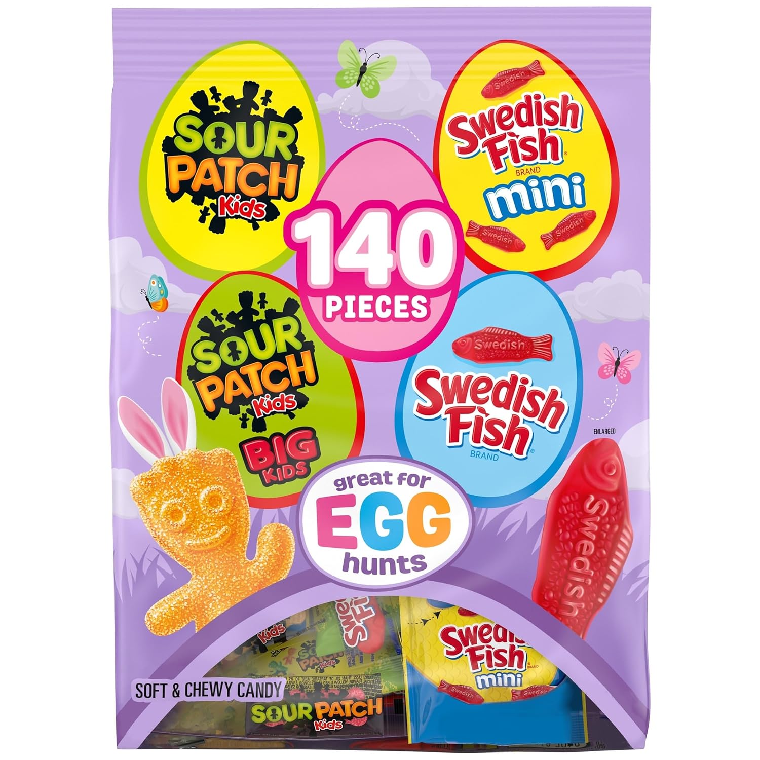 sour patch kids, sour patch kids big kids, swedish fish and swedish fish mini assorted soft & chewy easter candy variety pack, bulk, 140 snack packs
