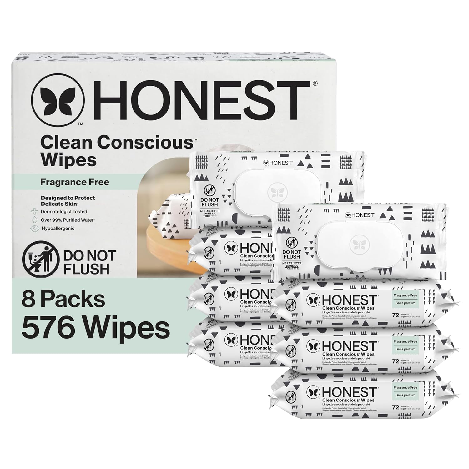Honest Company Hypoallergenic Baby Wipes for Sensitive Skin, Fragrance-Free, 576 Count (6 Packs of 96)
