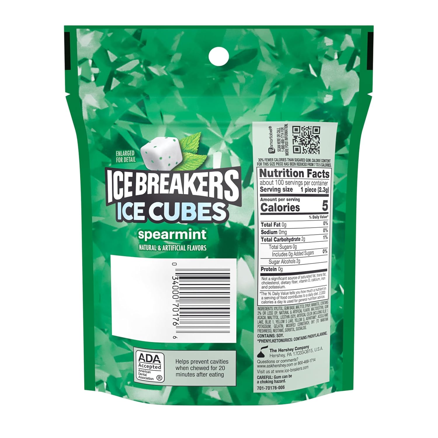 ice breakers spearmint sugar free chewing gum pouch 8.11 oz 100 pieces