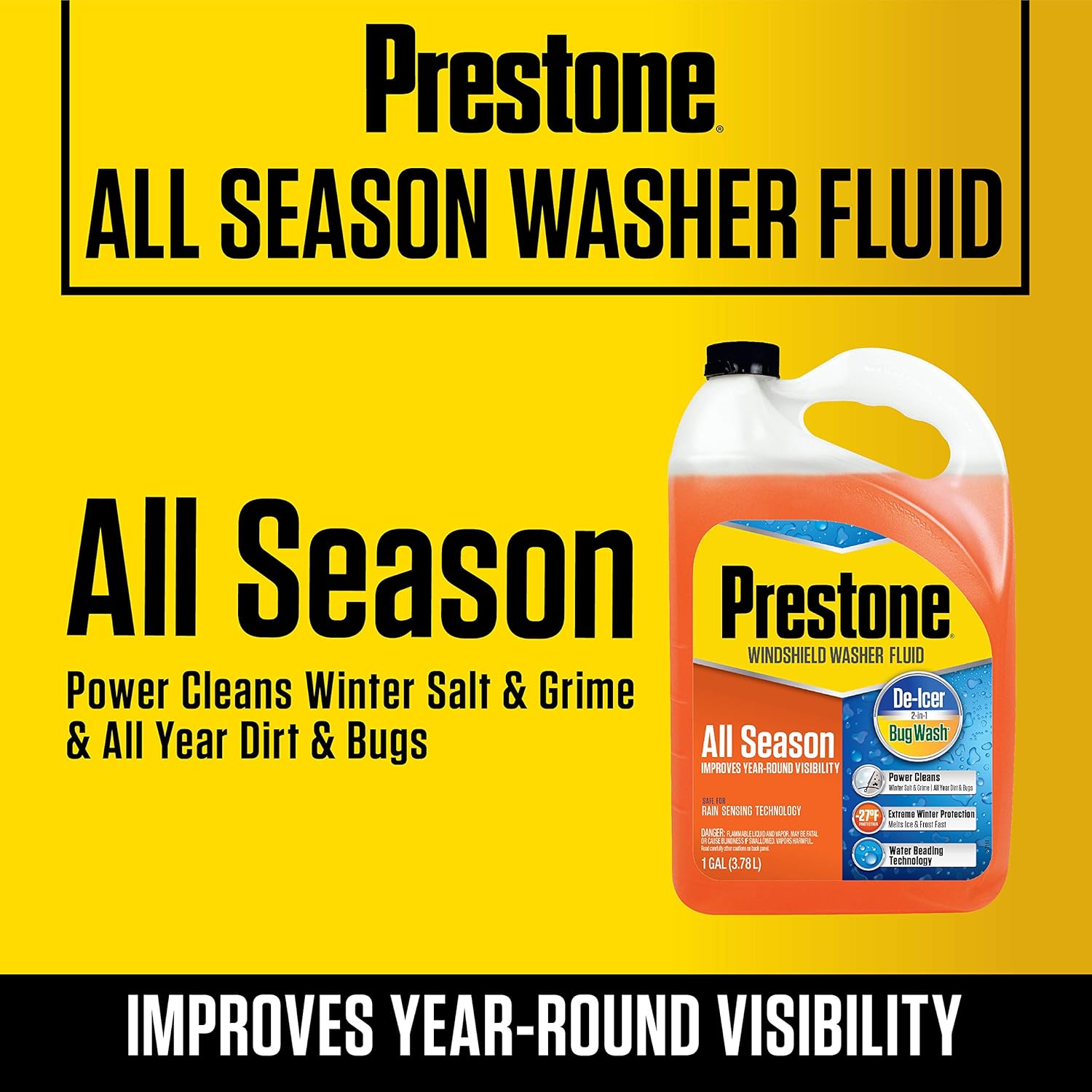 Prestone AS658 2-in-1 windshield washer fluid, 1 gallon, advanced winter de-icer and summer bug wash