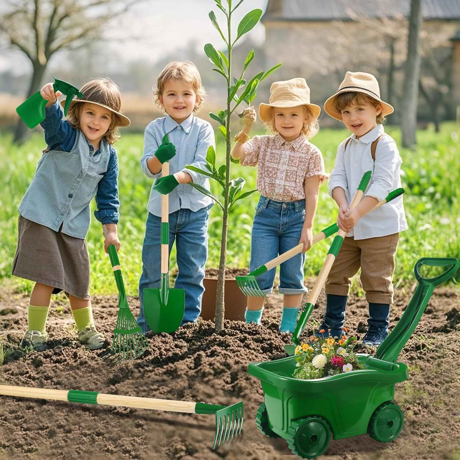Duckura Kids Gardening Tools Set - 7pcs Wheelbarrow Set for Kids with Shovel, Rake, Leaf Rake, Summer Outdoor Yard Digging Weed Birthday Gifts Toys, Valentine's for Boys Girls Age 2 3+ Years(Green)