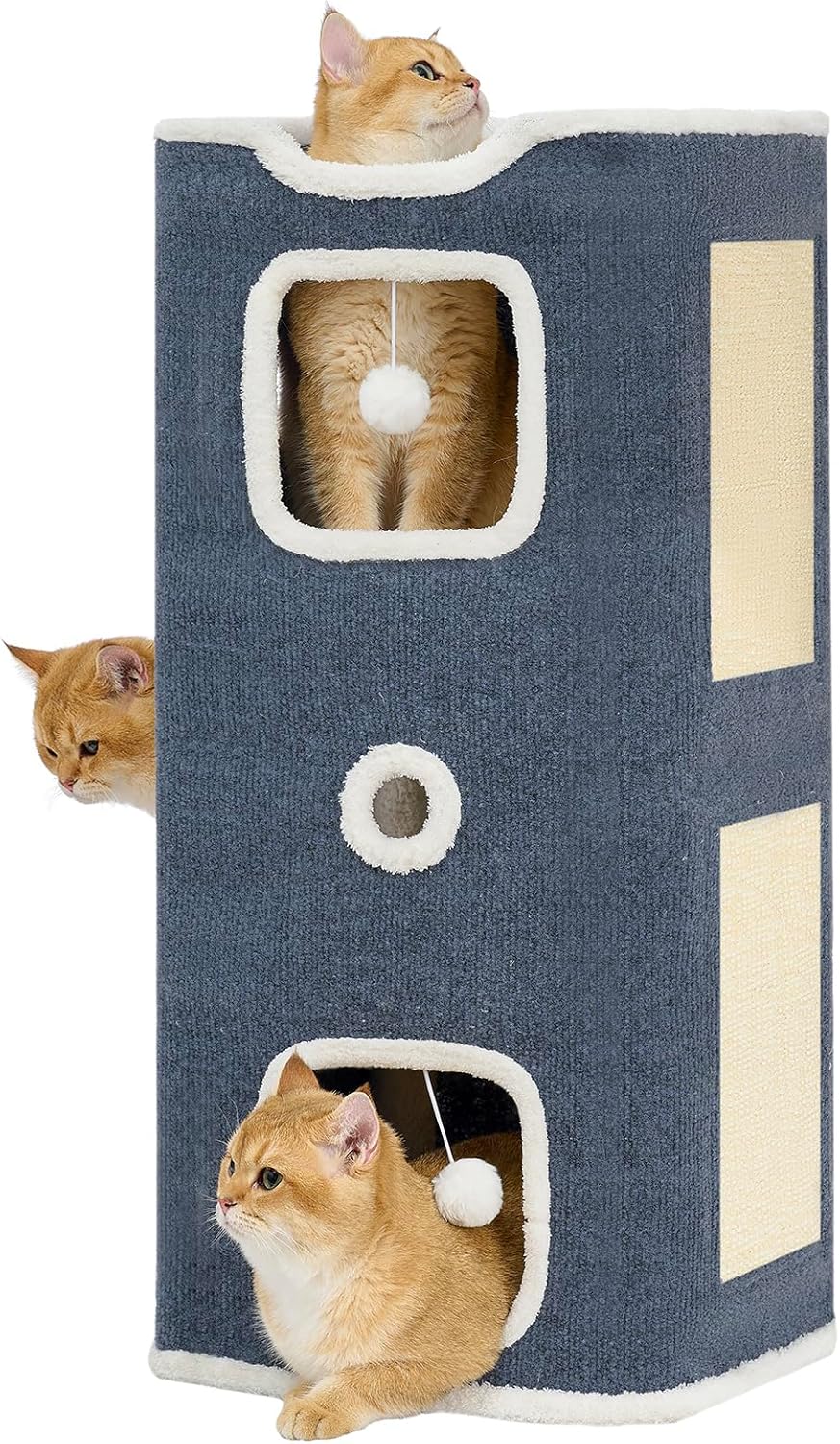 Cat House, 2-Story Cat Condo Cube with Scratch Pad, Fluffy Ball, and Multi-Level Hideout for Multiple Cats