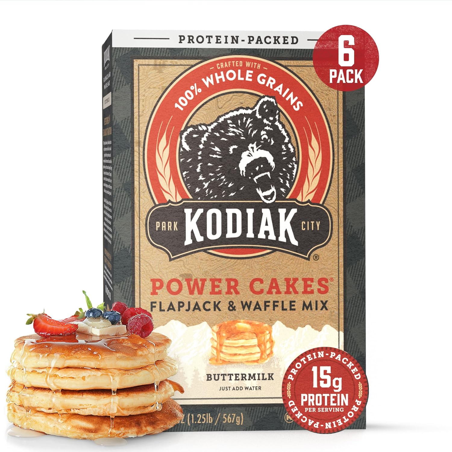 Kodiak Cakes protein pancake power cakes in buttermilk flavor, 20 oz, pack of 6 non-gmo baking mixes for flapjacks and waffles