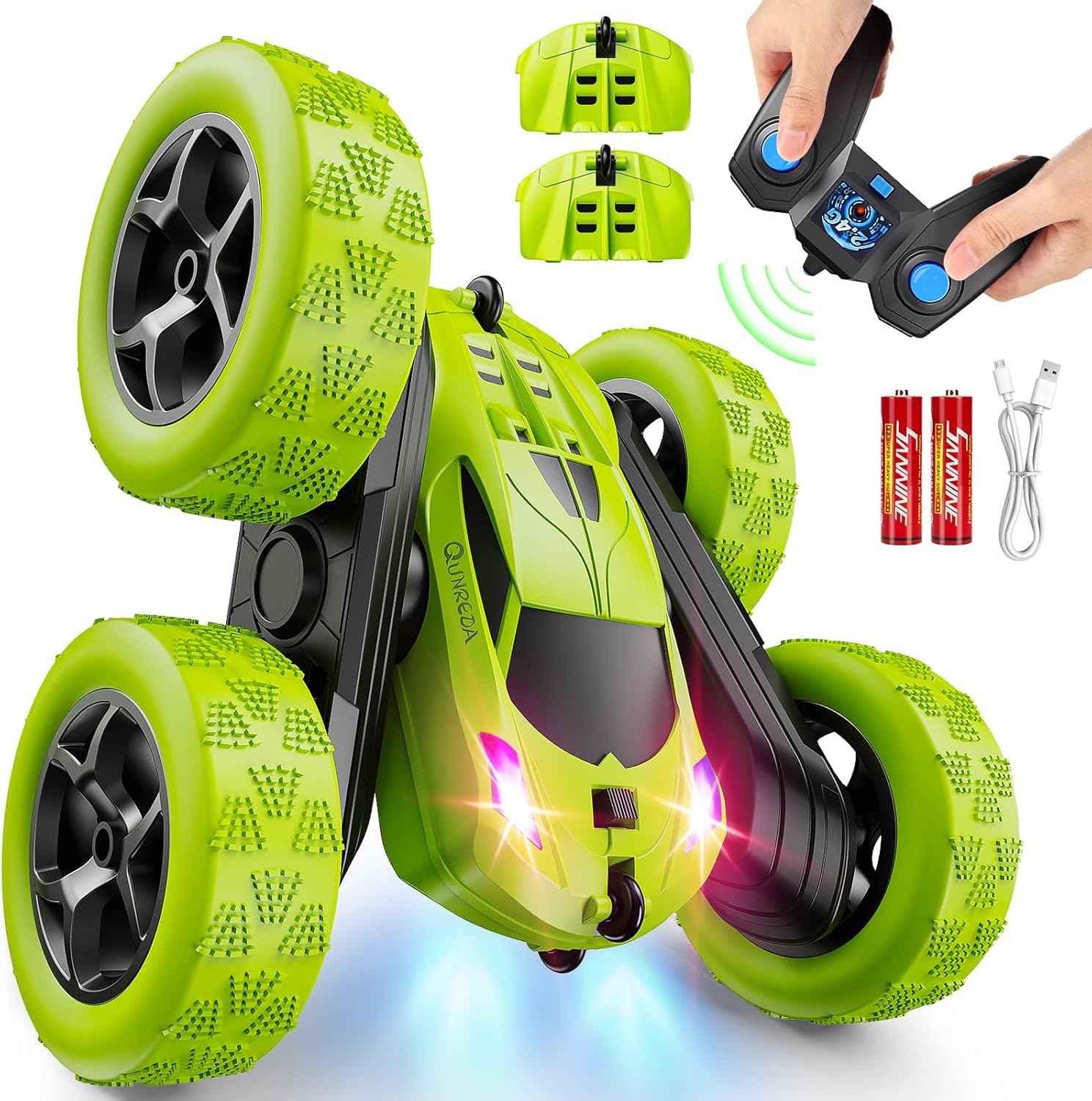 Remote Control Car, RC Cars Toys for Kids Ages 6-12, 4WD Stunt Car with LED Lights & 360° Flips, 2.4GHz, Upgraded USB-C Modular Batteries, 8-10 Year Old Boys Birthday Gift 1-Blue