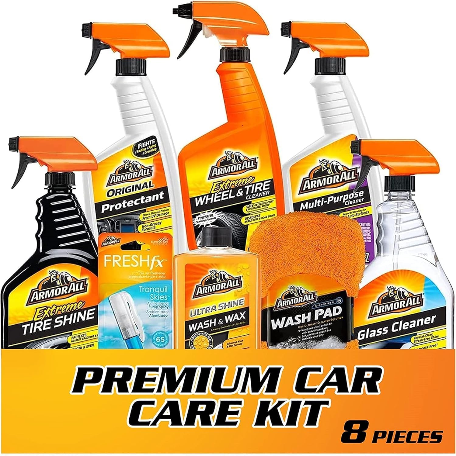 armor all premier car care kit, 8-piece kit, includes car wax, wash kit, glass cleaner, and tire cleaner