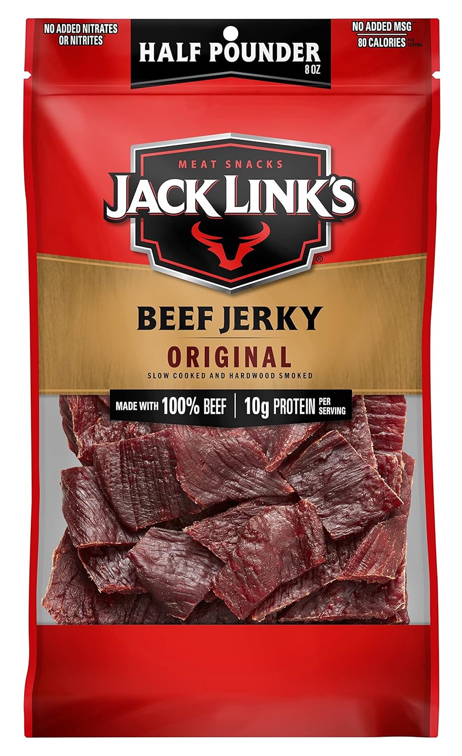 jack links beef jerky original half pounder large jerky bag, 10g protein, 100% beef