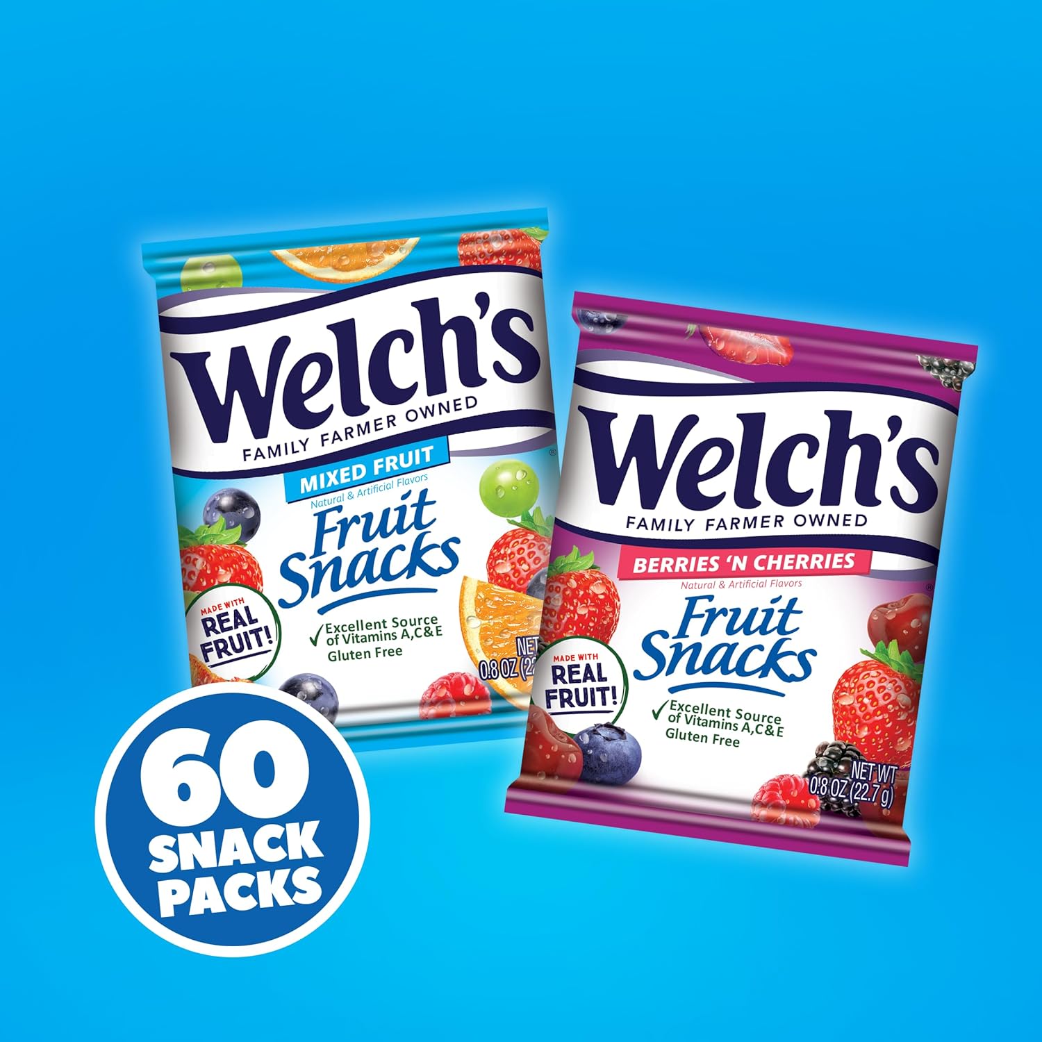 Welch's Mixed Fruit & Berries 'N Cherries Variety Pack, 60 single-serve 0.8oz bags, gluten-free, bulk pack