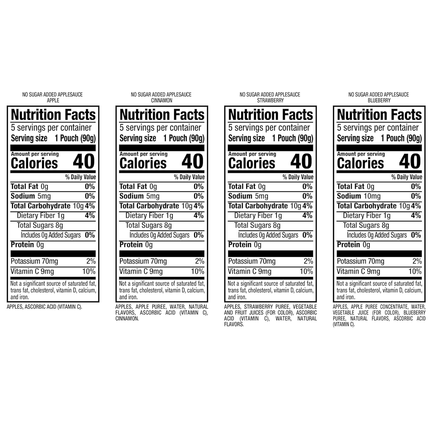 motts no sugar added applesauce variety pack, 4 flavors - apple, strawberry, cinnamon & blueberry, made from real fruit, 20 pack