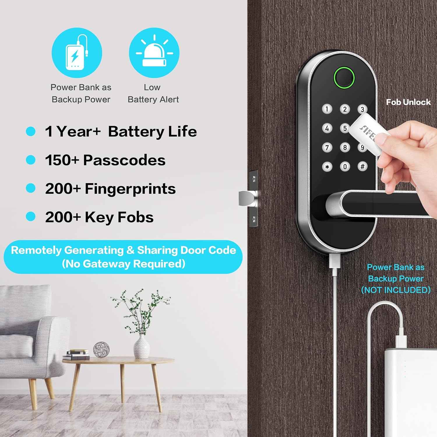 Fingerprint Smart Door Lock with Handle & Keypad – No More Lost Keys, Keyless Entry & Remote Access for Home, Kids, Airbnb & Rental Property, DIY Install, Alexa & Google Compatible