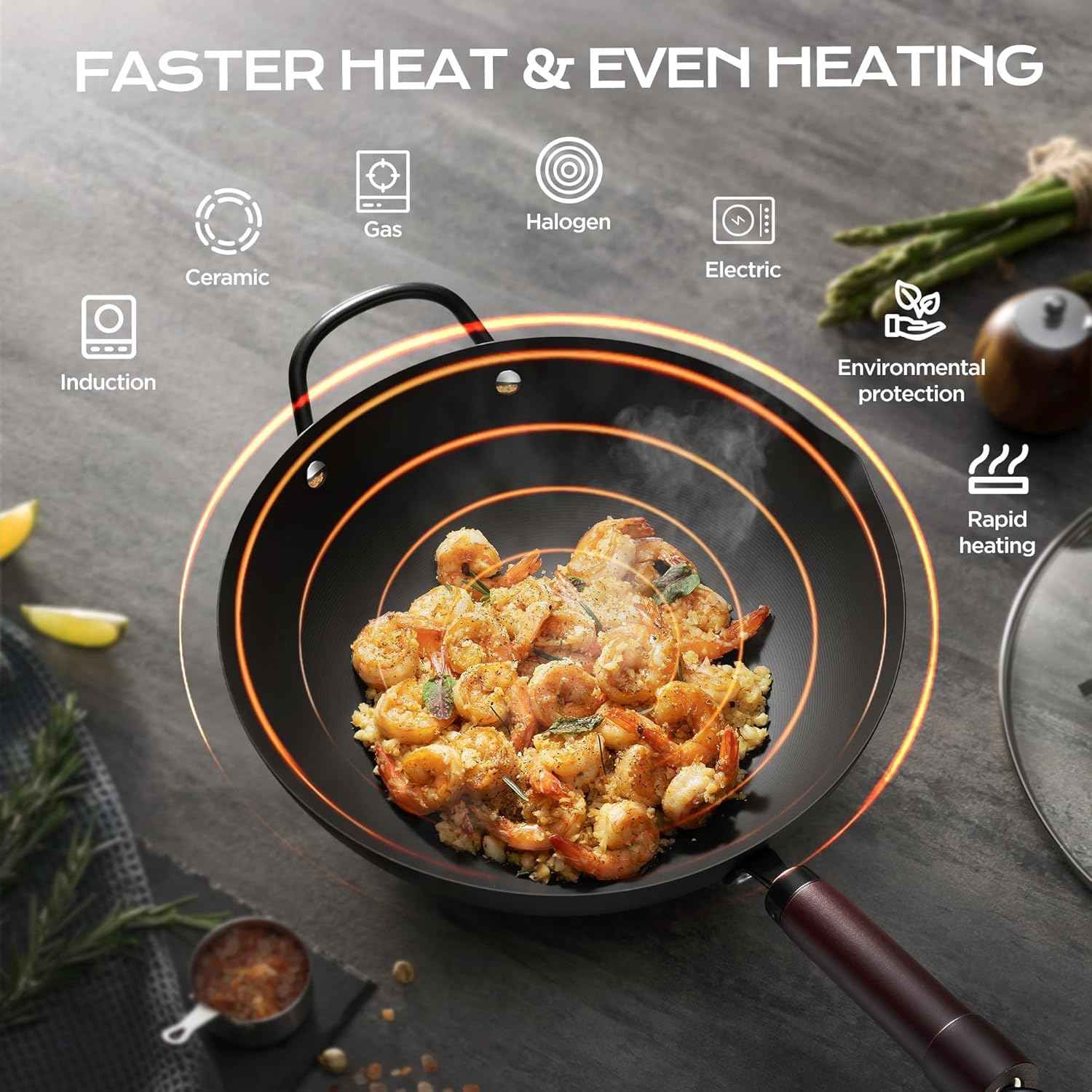 Wok, 13 Inch carbon steel woks & stir-fry pans nonstick, Pre-Seasoned 5.8QT Flat Bottom Chinese Wok Paella Pan with lid, Carbon Steel Cookware, Compatible with All Cooktops