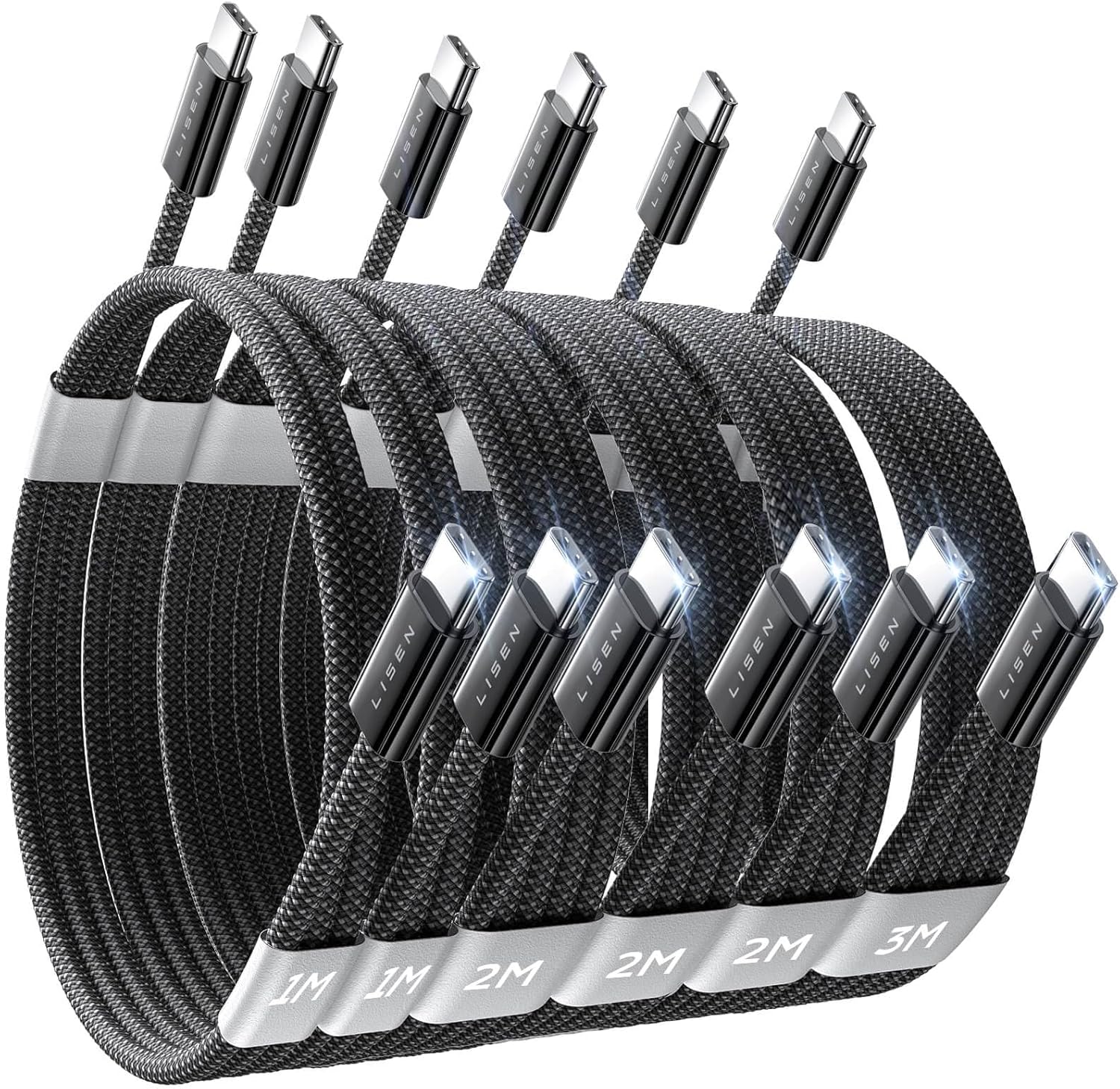 Lisen 5-pack usb c to c cable, 60w fast charging, 10ft for iphone 17, ipad, galaxy s25/s24