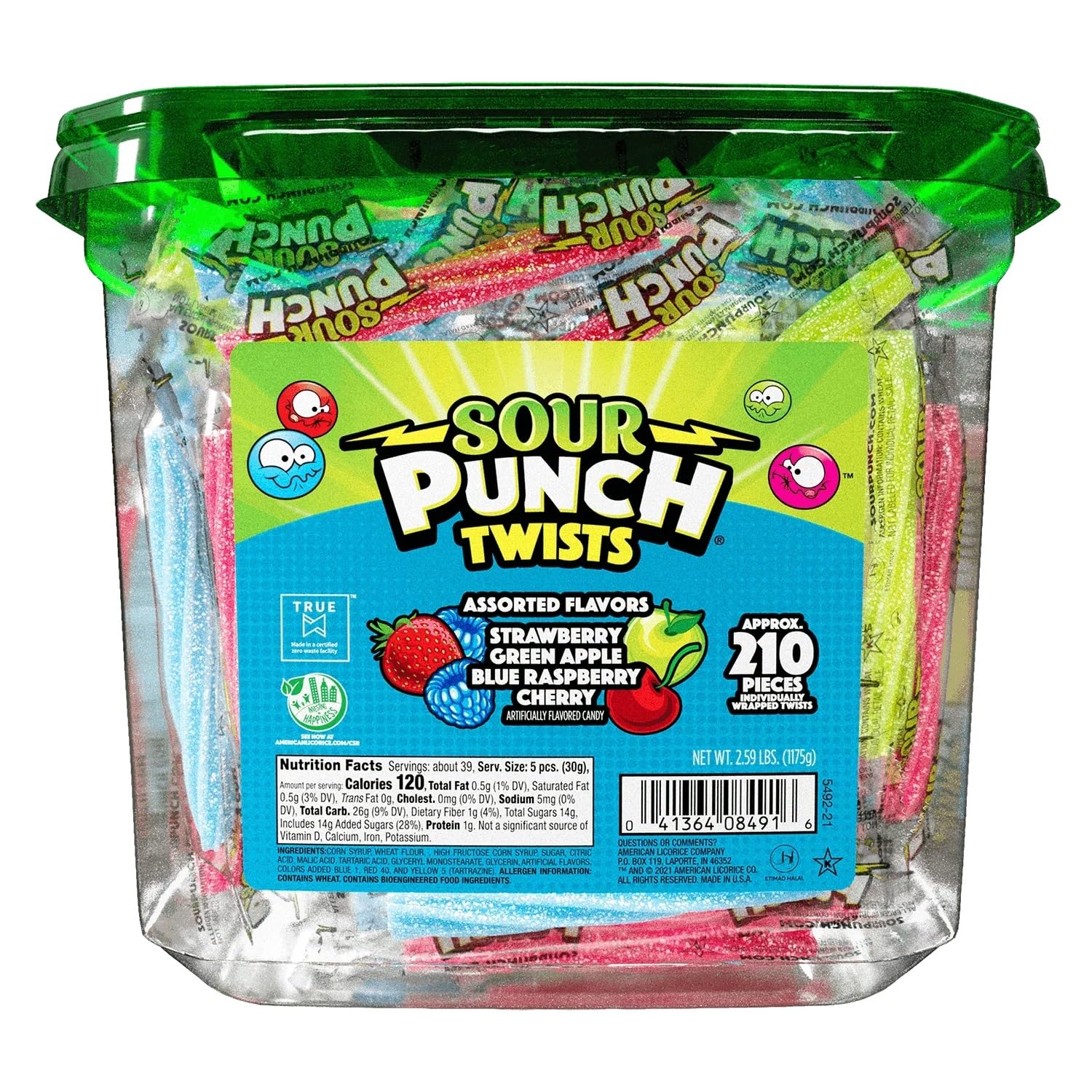 Sour Punch Twists, 3" individually wrapped, 4 assorted fruity flavors, low-fat and kosher-certified